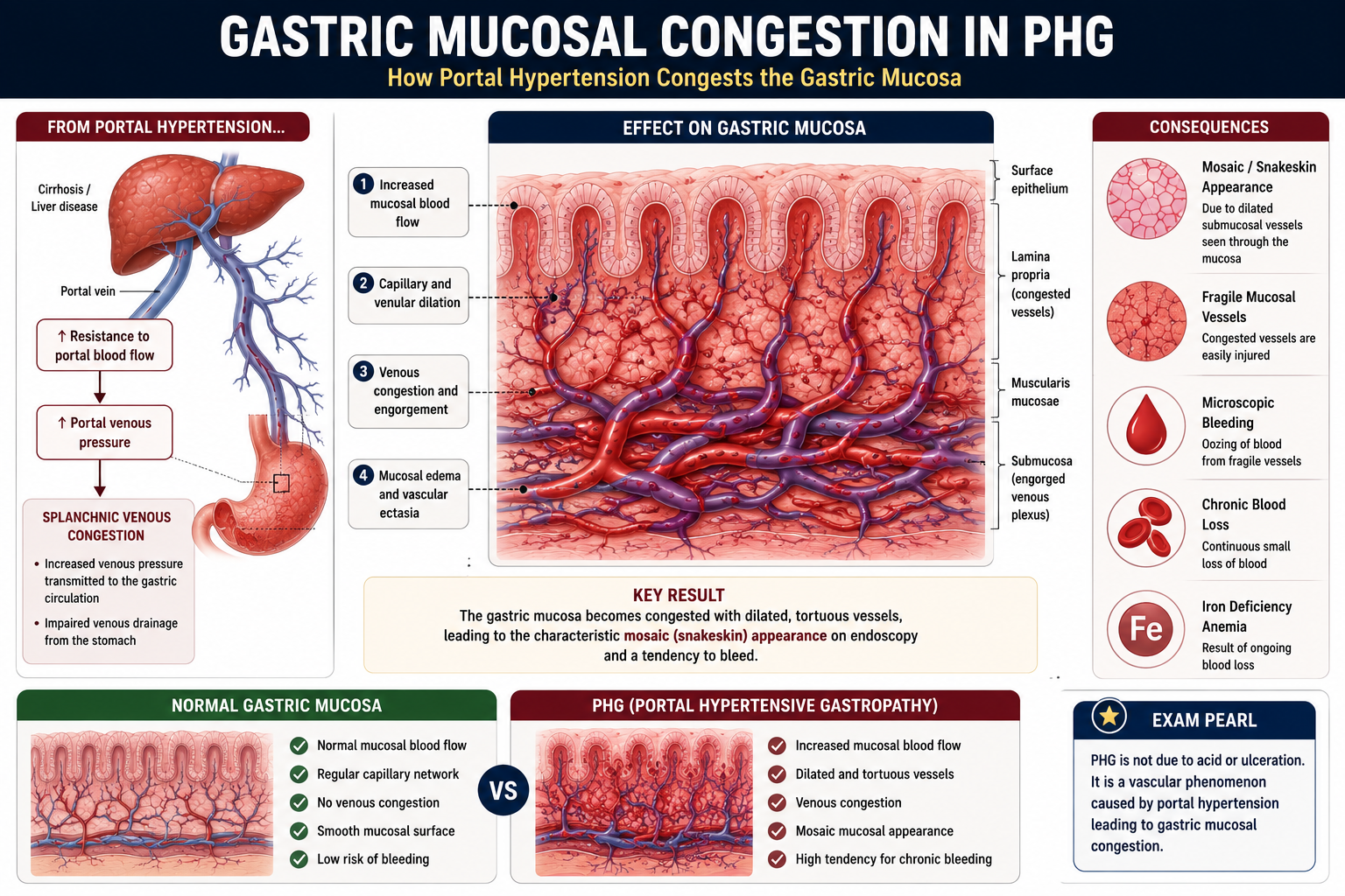 Diagram showing how elevated portal venous pressure causes gastric mucosal congestion with capillary dilation microvascular abnormalities and increased mucosal blood flow leading to PHG