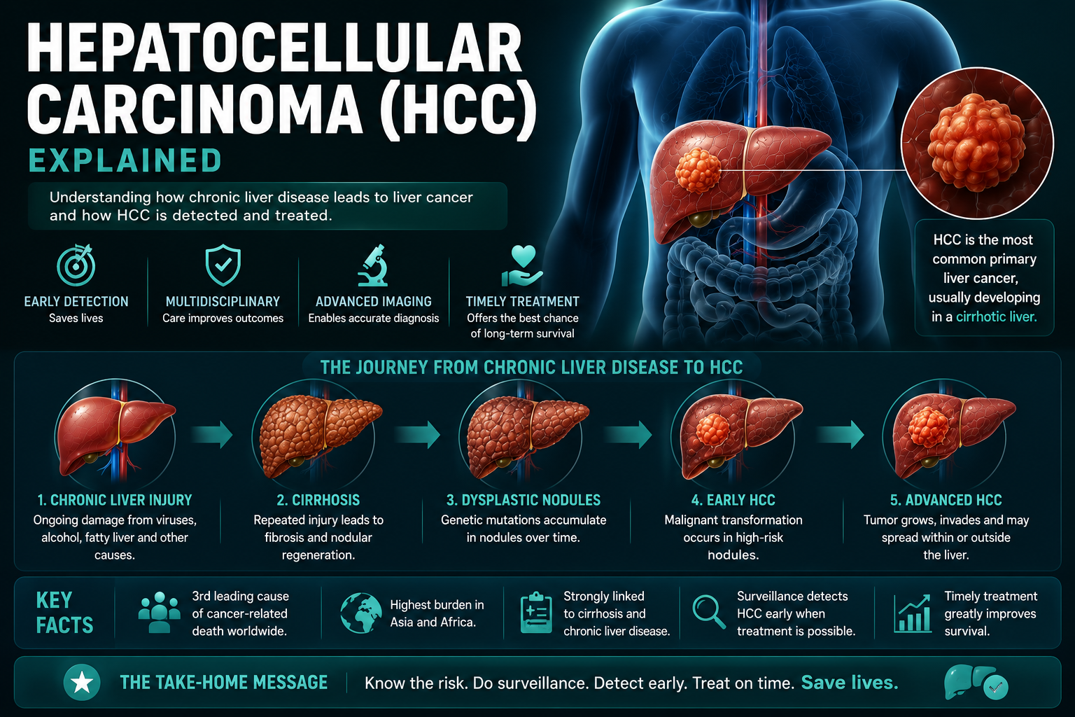 Hepatocellular carcinoma overview showing chronic liver injury cirrhosis surveillance imaging diagnosis staging and treatment