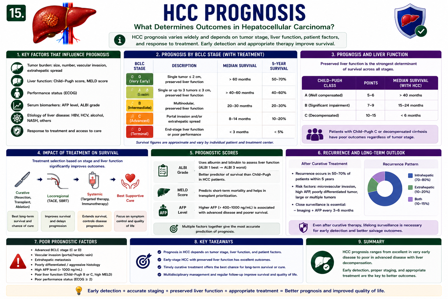 HCC prognosis factors including tumor stage liver function treatment eligibility and treatment response