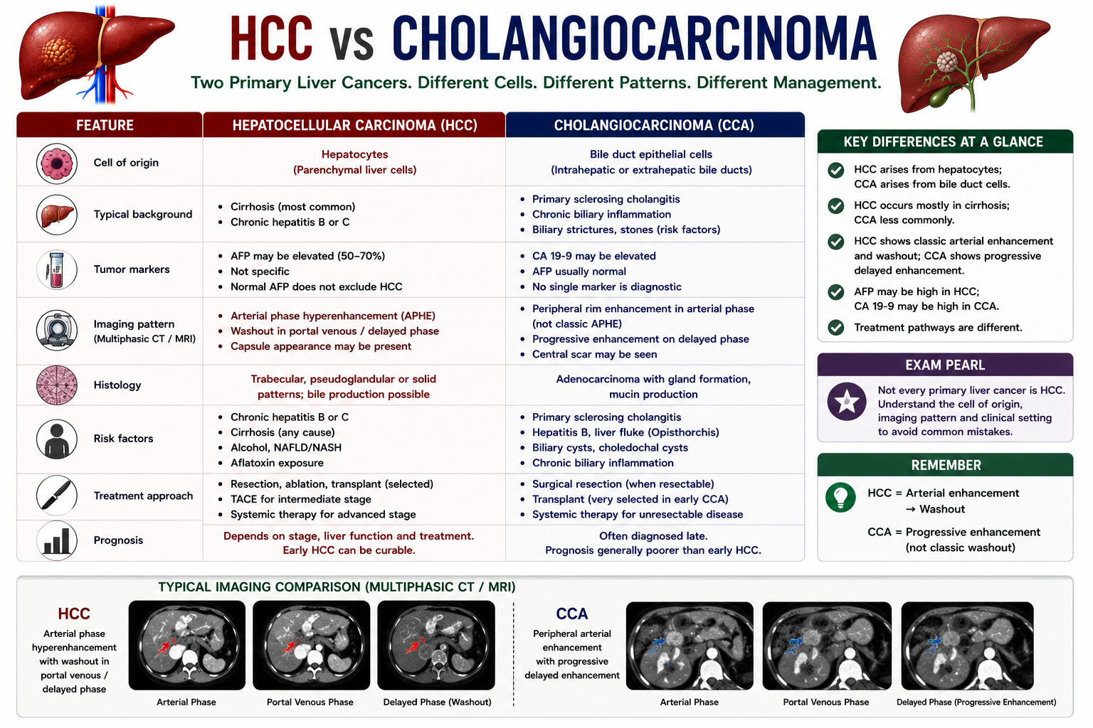 HCC versus cholangiocarcinoma comparison showing hepatocyte origin versus bile duct origin AFP imaging pattern and treatment differences