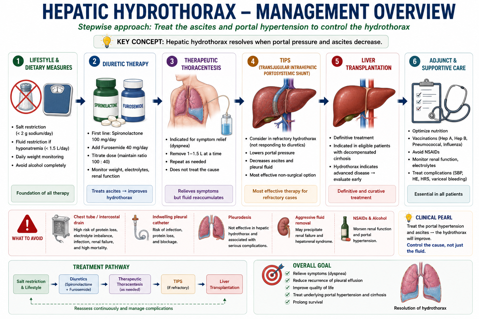 Stepwise management overview for hepatic hydrothorax showing salt restriction and diuretics as first-line followed by therapeutic thoracentesis for symptomatic relief then TIPS for refractory cases and liver transplantation as definitive treatment