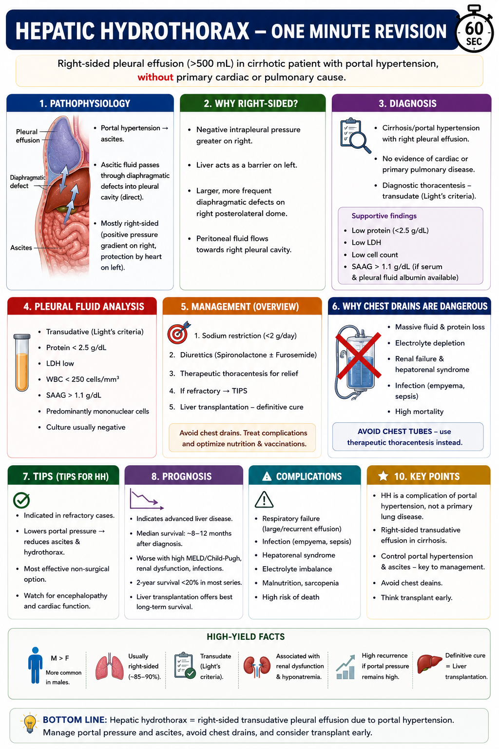One-minute revision summary of hepatic hydrothorax showing portal hypertension causing ascites which crosses diaphragmatic defects to produce right-sided transudative pleural effusion with stepwise management and key warnings about chest drains and bacterial empyema