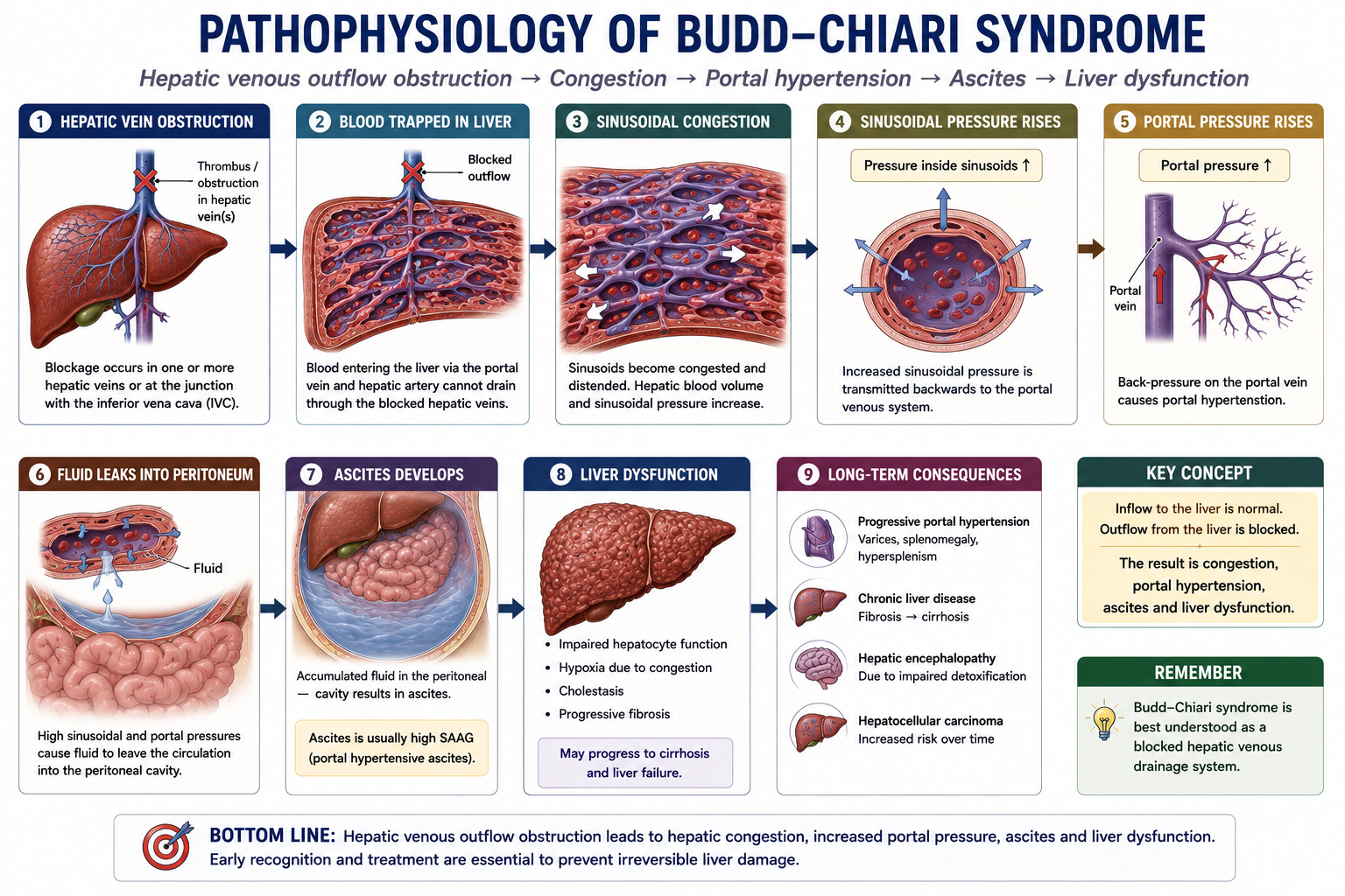 Pathophysiology flowchart of Budd-Chiari syndrome showing hepatic vein obstruction sinusoidal congestion portal hypertension ascites and liver dysfunction