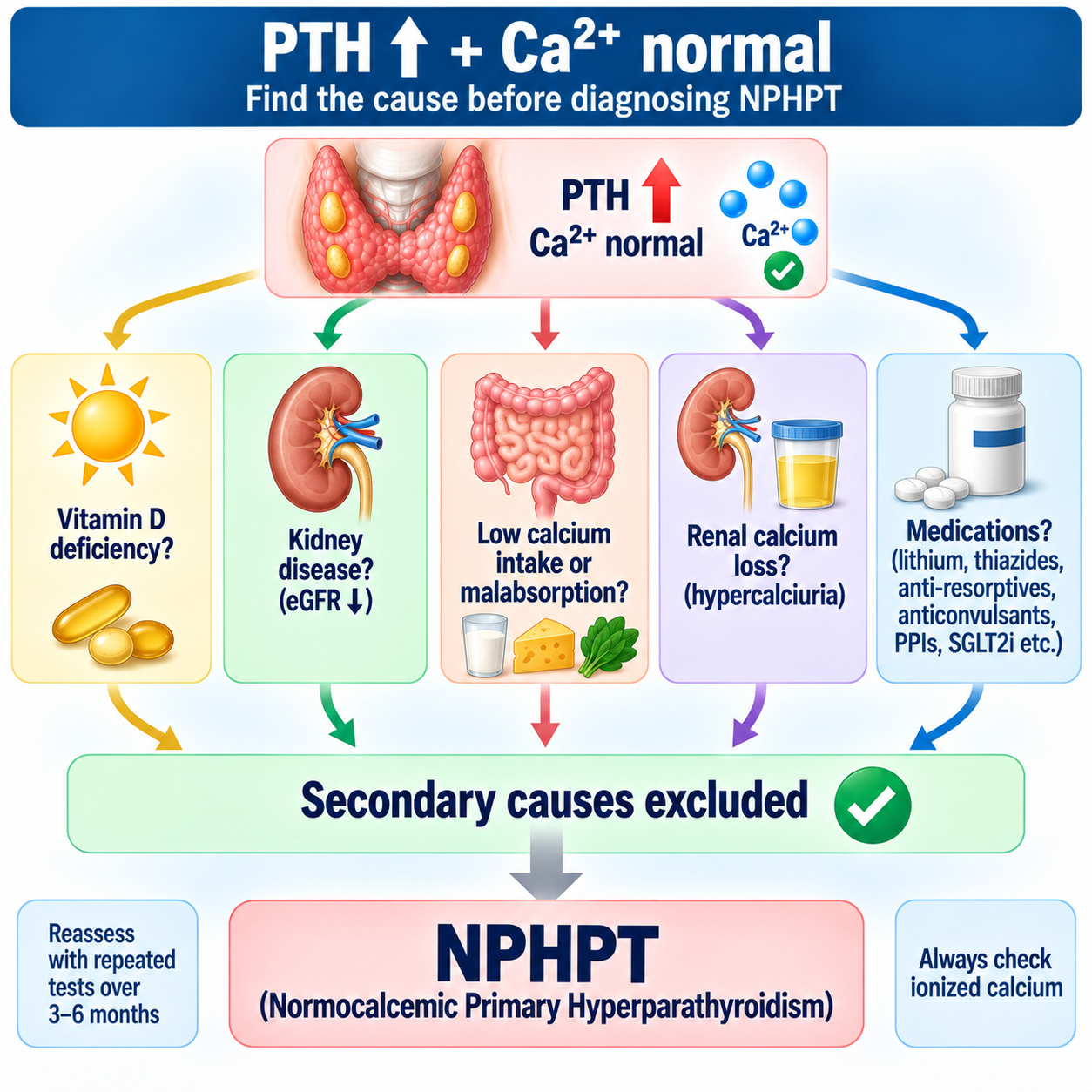 Diagnostic pathway for elevated PTH with normal calcium showing exclusion of vitamin D deficiency, kidney disease, low calcium intake, malabsorption, renal calcium loss and medication effects before diagnosing NPHPT.