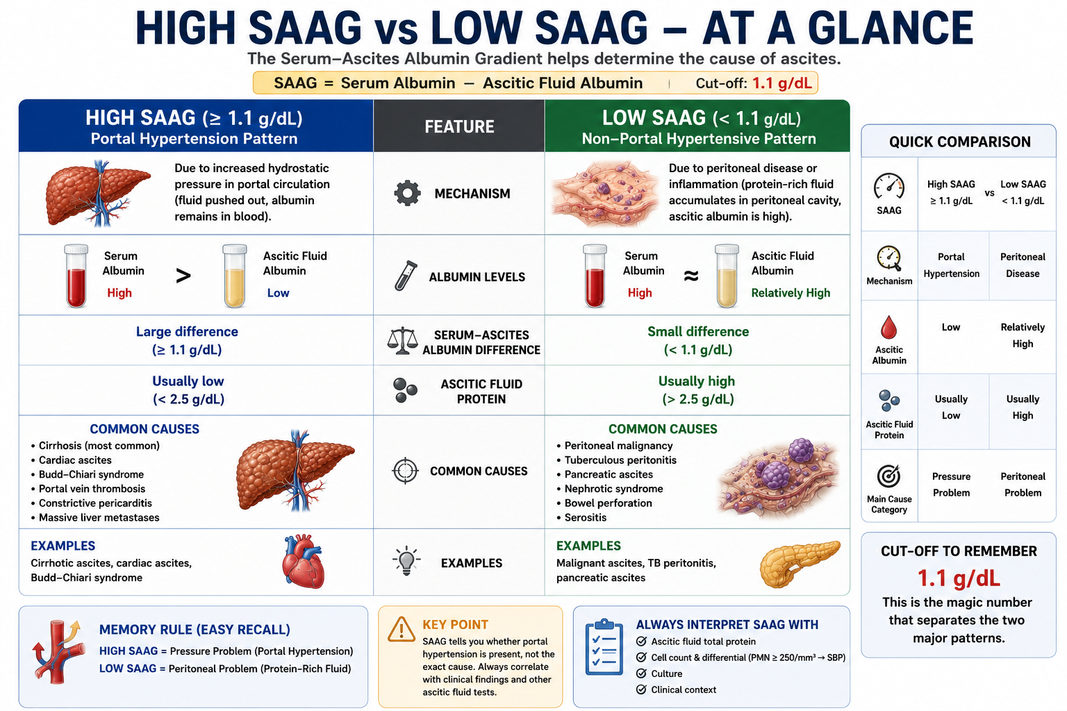 Side-by-side comparison diagram of high SAAG portal hypertension pattern versus low SAAG peritoneal disease pattern with causes and albumin levels