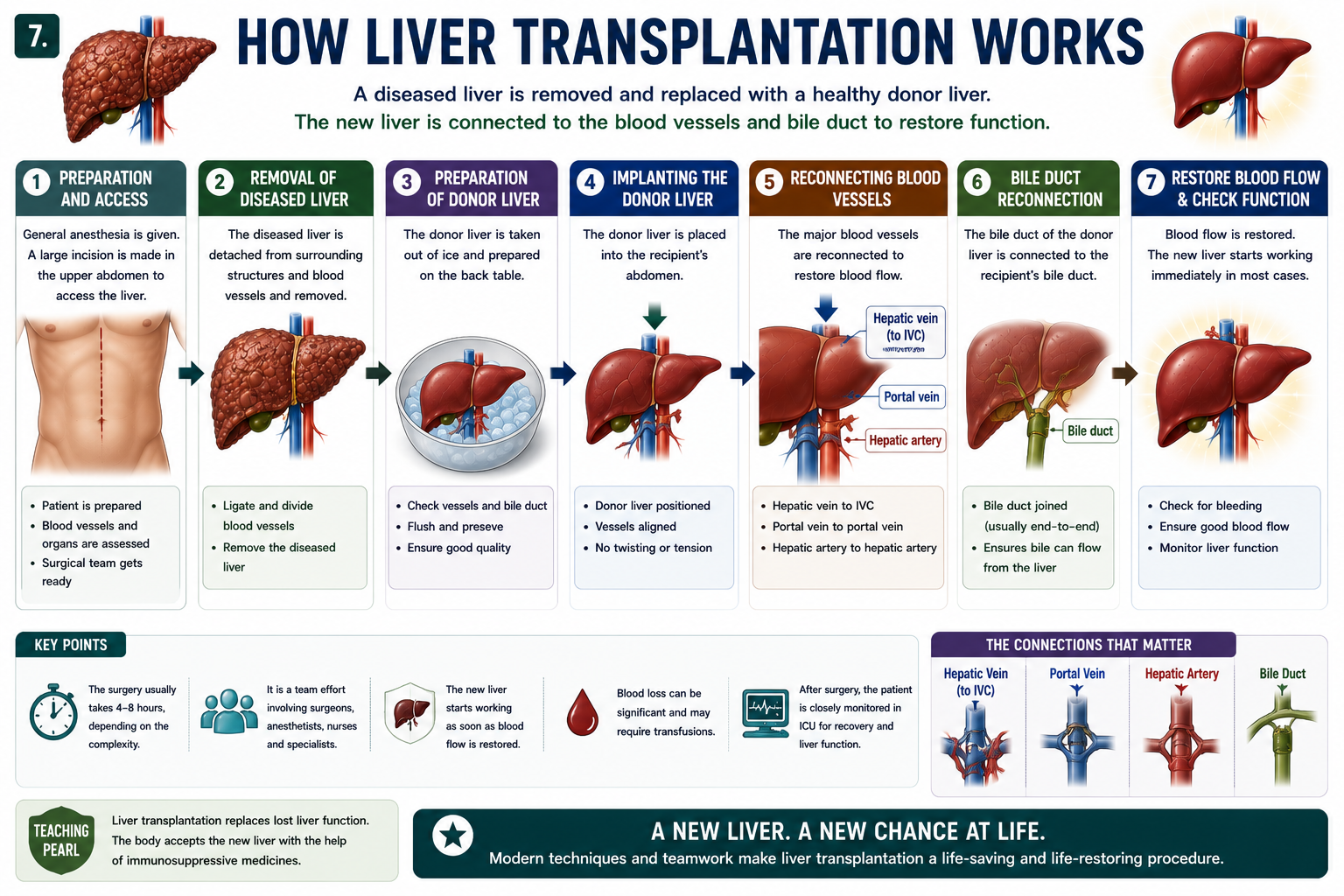 How liver transplantation works showing diseased liver removal donor liver implantation and reconnection of hepatic artery portal vein and bile duct