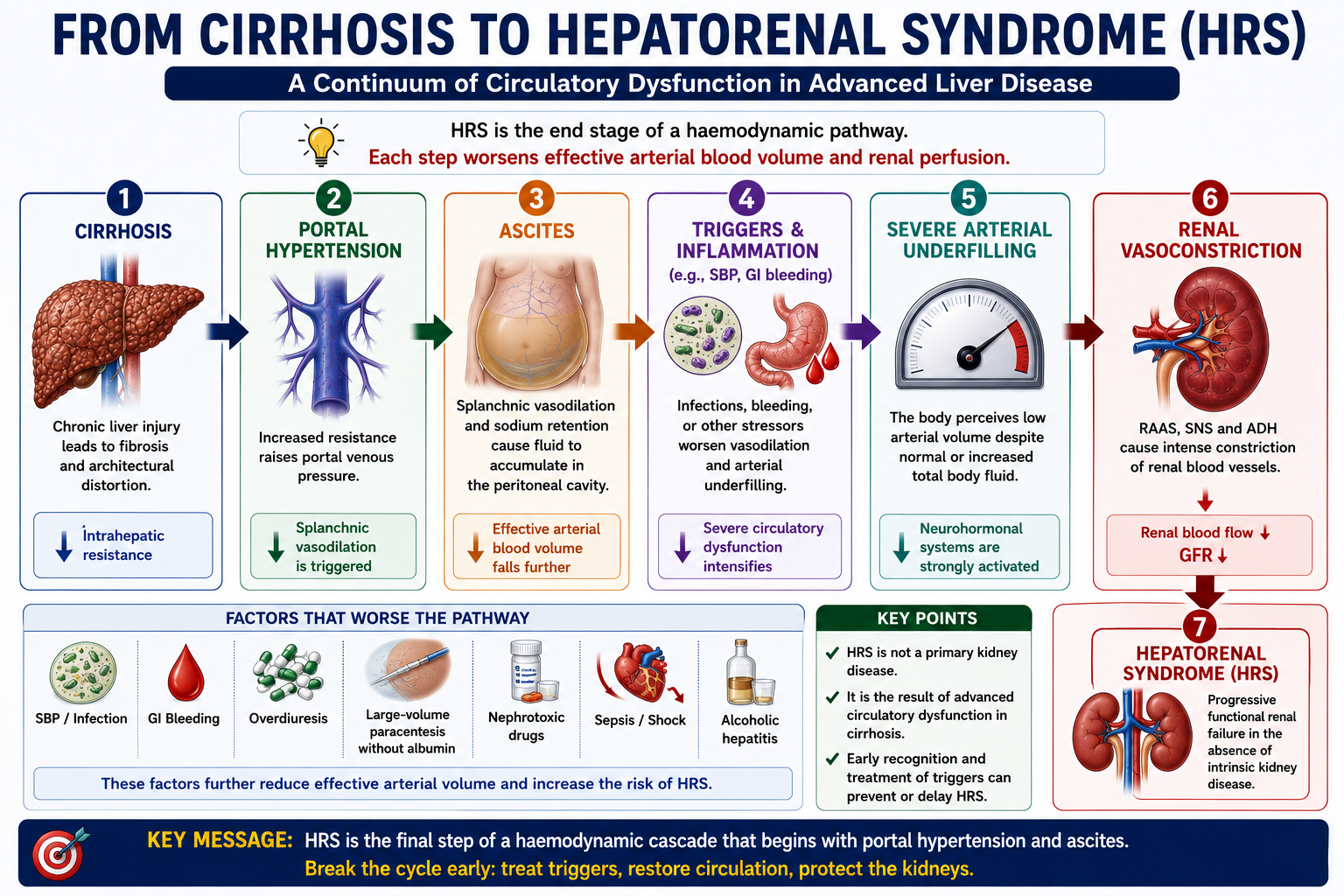Flowchart showing the stepwise diagnostic approach to HRS including stopping diuretics albumin challenge excluding shock obstruction and intrinsic renal disease