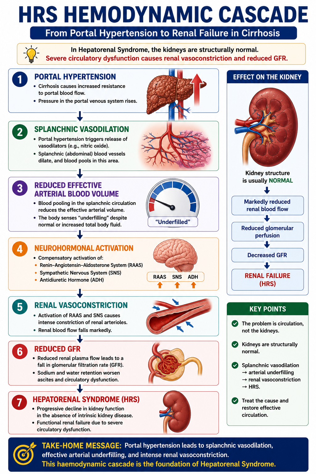 Diagram showing the haemodynamic cascade from portal hypertension to splanchnic vasodilation reduced effective arterial blood volume RAAS and sympathetic activation renal vasoconstriction and HRS