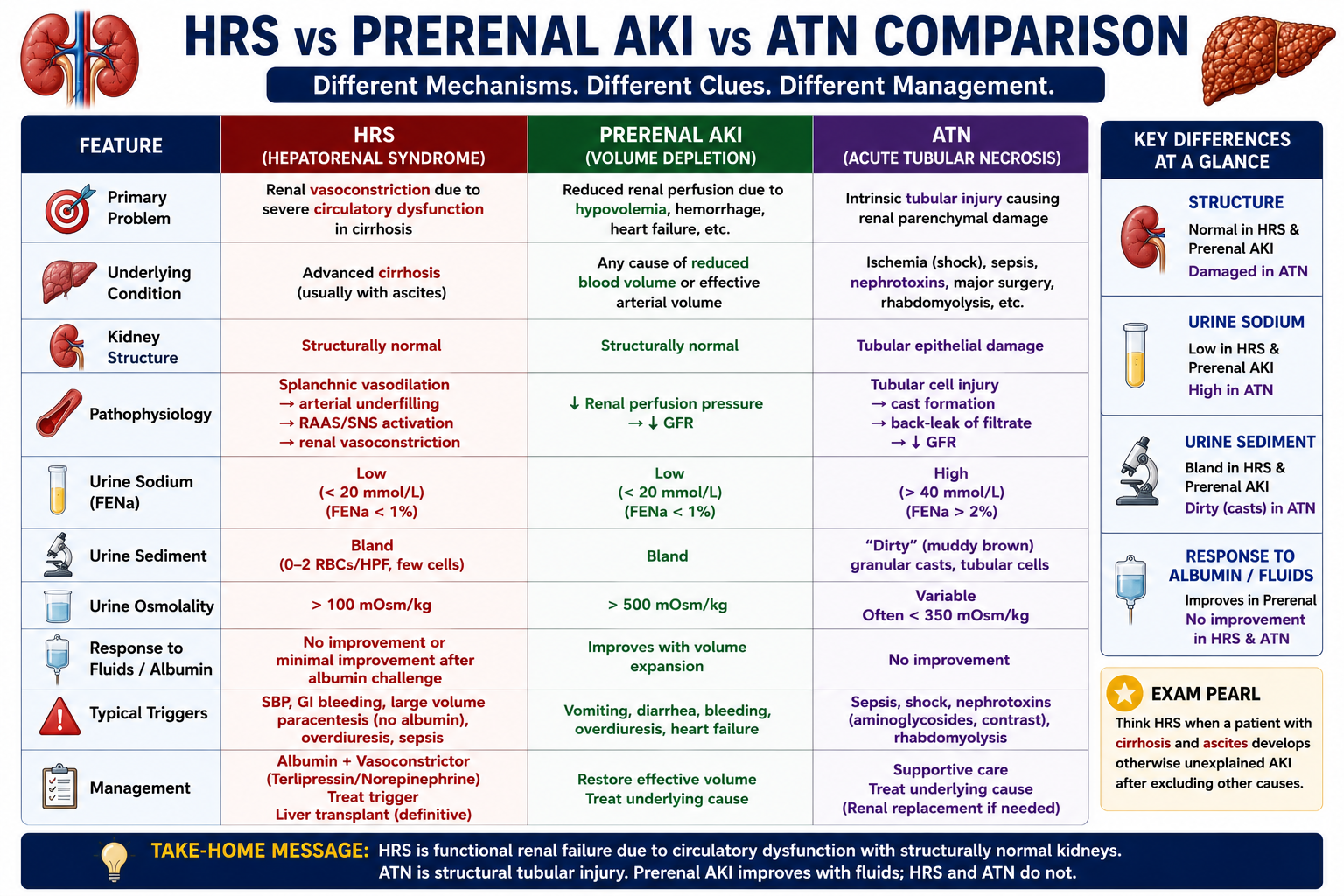 Comparison diagram showing HRS versus ATN featuring mechanism urine sodium urine sediment and treatment differences