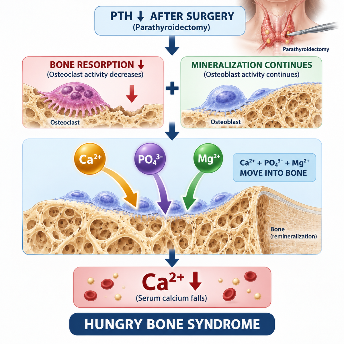 Hungry bone syndrome pathway showing reduced PTH after surgery followed by calcium phosphate and magnesium uptake into bone.