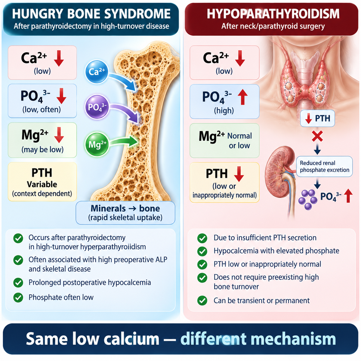 Comparison of hungry bone syndrome and postsurgical hypoparathyroidism using calcium phosphate and PTH patterns.