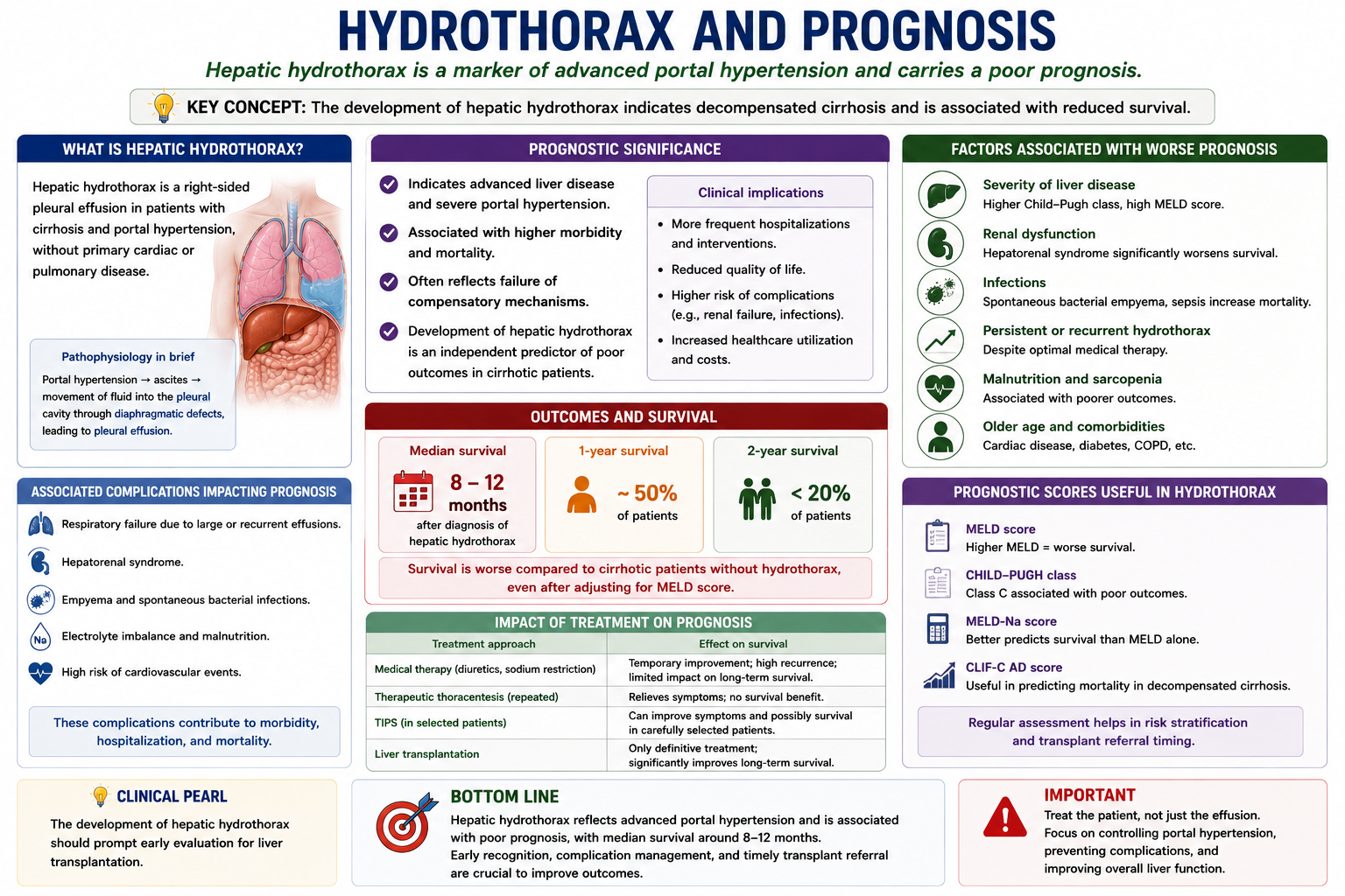 Prognosis diagram showing hepatic hydrothorax as a marker of decompensated cirrhosis with advanced portal hypertension increased mortality and the need for transplant assessment