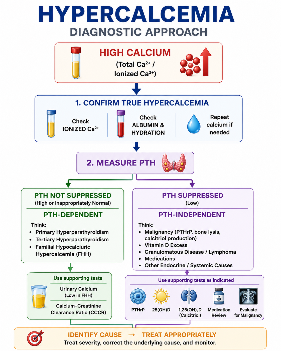 Diagnostic approach to hypercalcemia using PTH to distinguish PTH-dependent from PTH-independent causes.