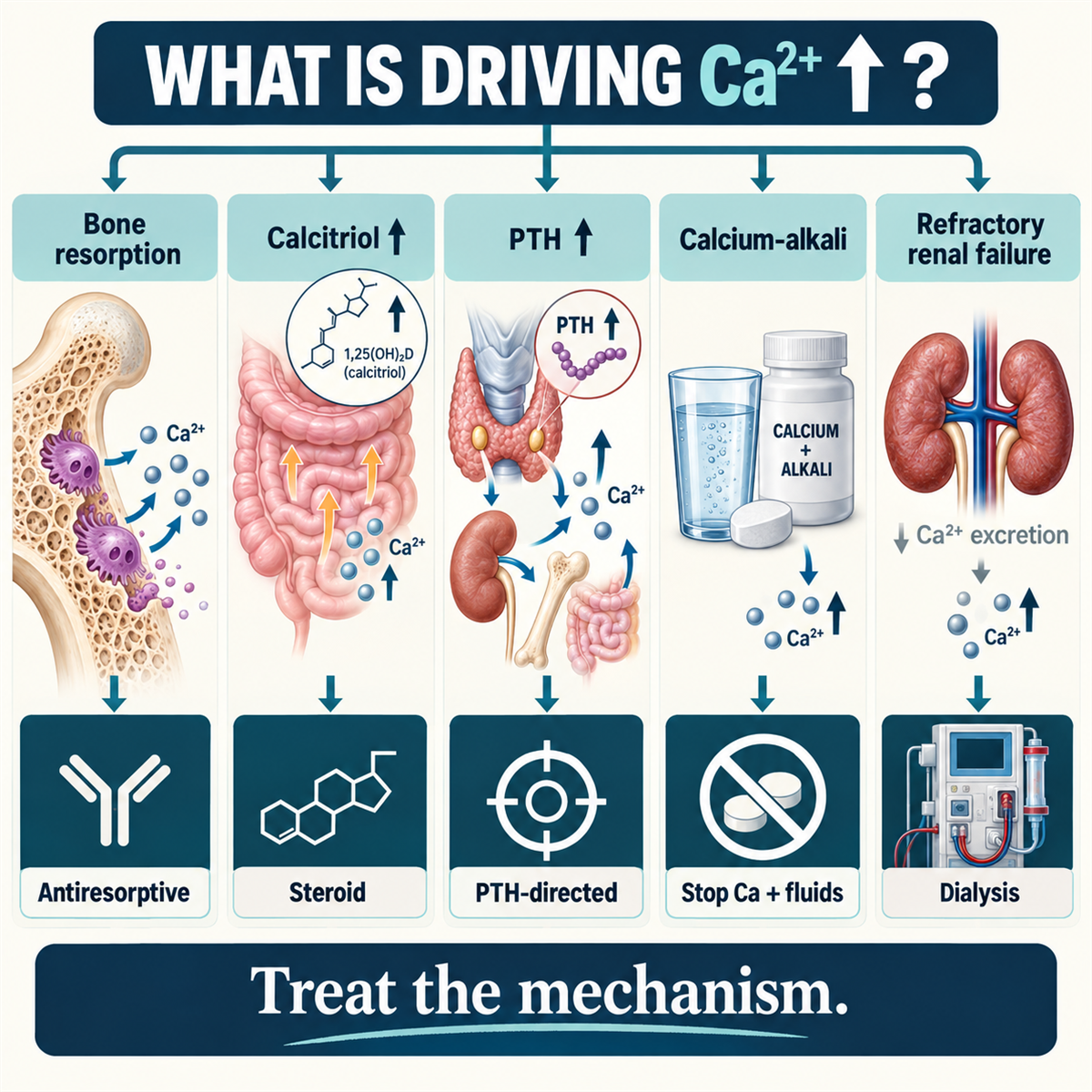 Diagram showing mechanism-specific severe hypercalcemia treatment including antiresorptives, glucocorticoids, PTH-directed treatment, calcium withdrawal and dialysis.