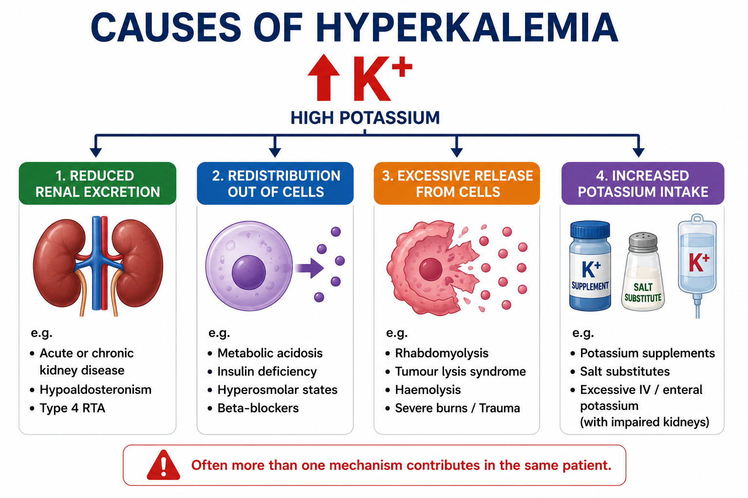 Major causes of hyperkalemia including reduced renal excretion, redistribution, cell destruction and increased potassium intake