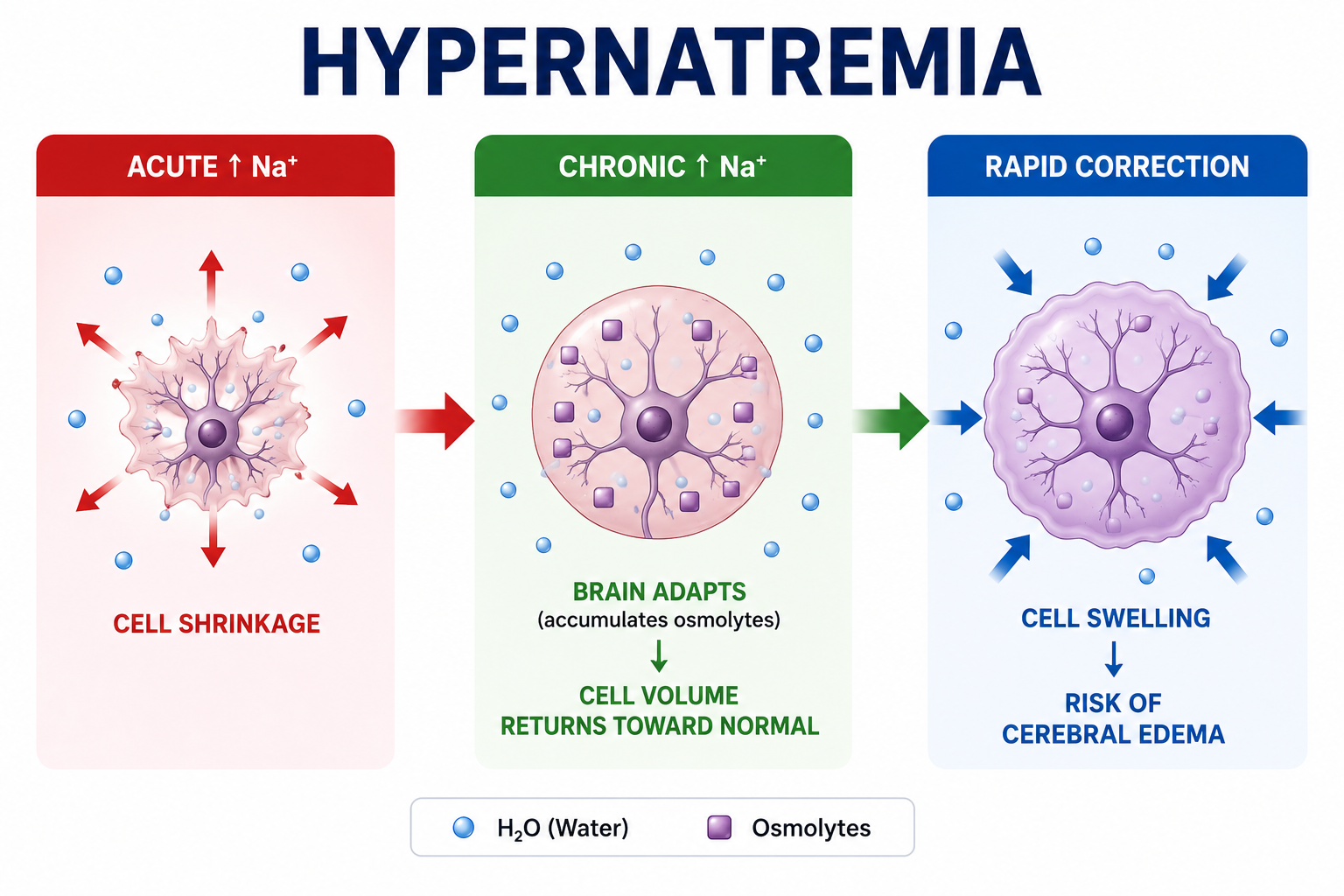 Diagram showing brain-cell shrinkage in acute hypernatremia, adaptation in chronic hypernatremia and concern for cerebral edema during rapid correction
