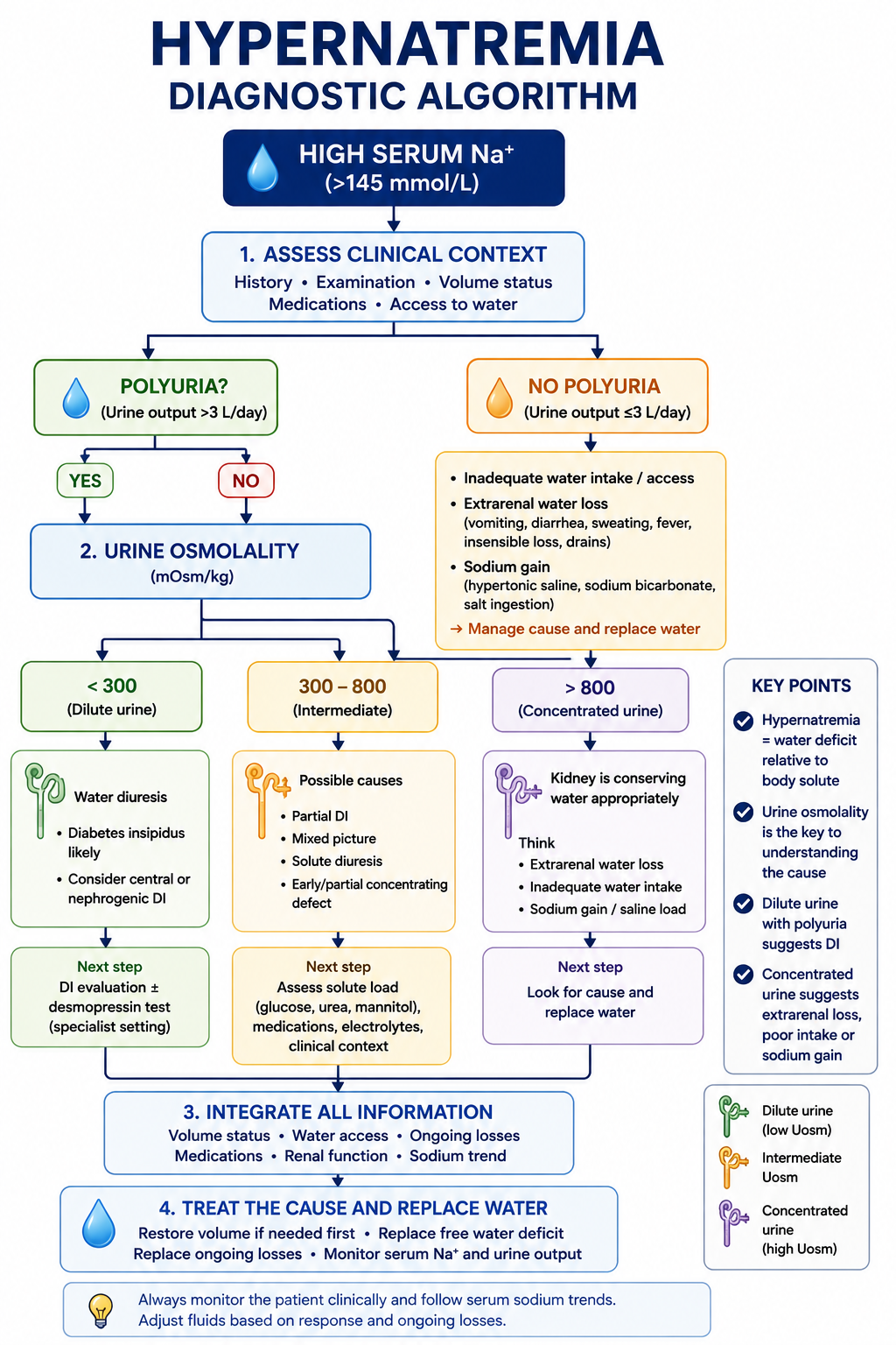 Diagnostic approach to hypernatremia using urine volume and urine osmolality to distinguish renal water loss from appropriate renal water conservation