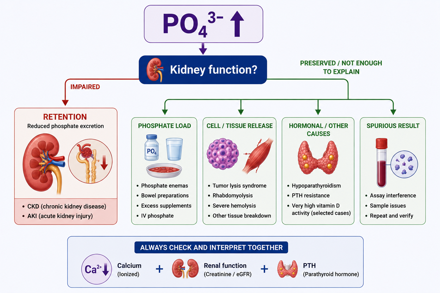 Diagnostic approach to hyperphosphatemia beginning with renal function and distinguishing phosphate retention, increased phosphate load, cell breakdown and reduced PTH effect.