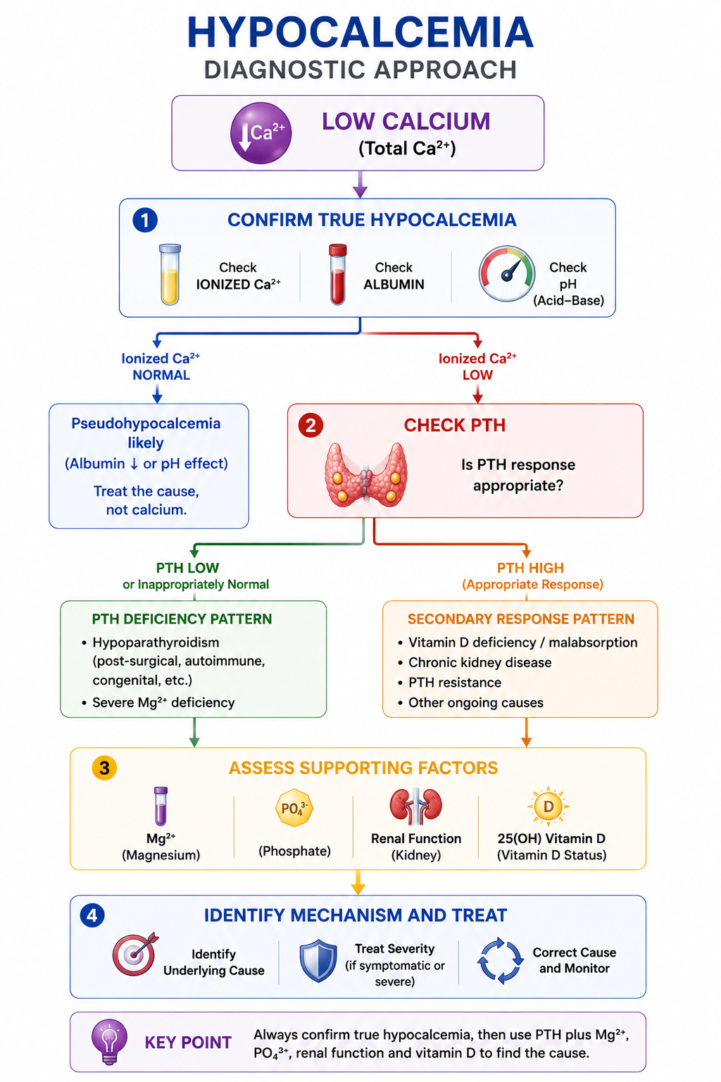 Diagnostic approach to true hypocalcemia using ionized calcium, albumin, pH, PTH, magnesium, phosphate, renal function and vitamin D.