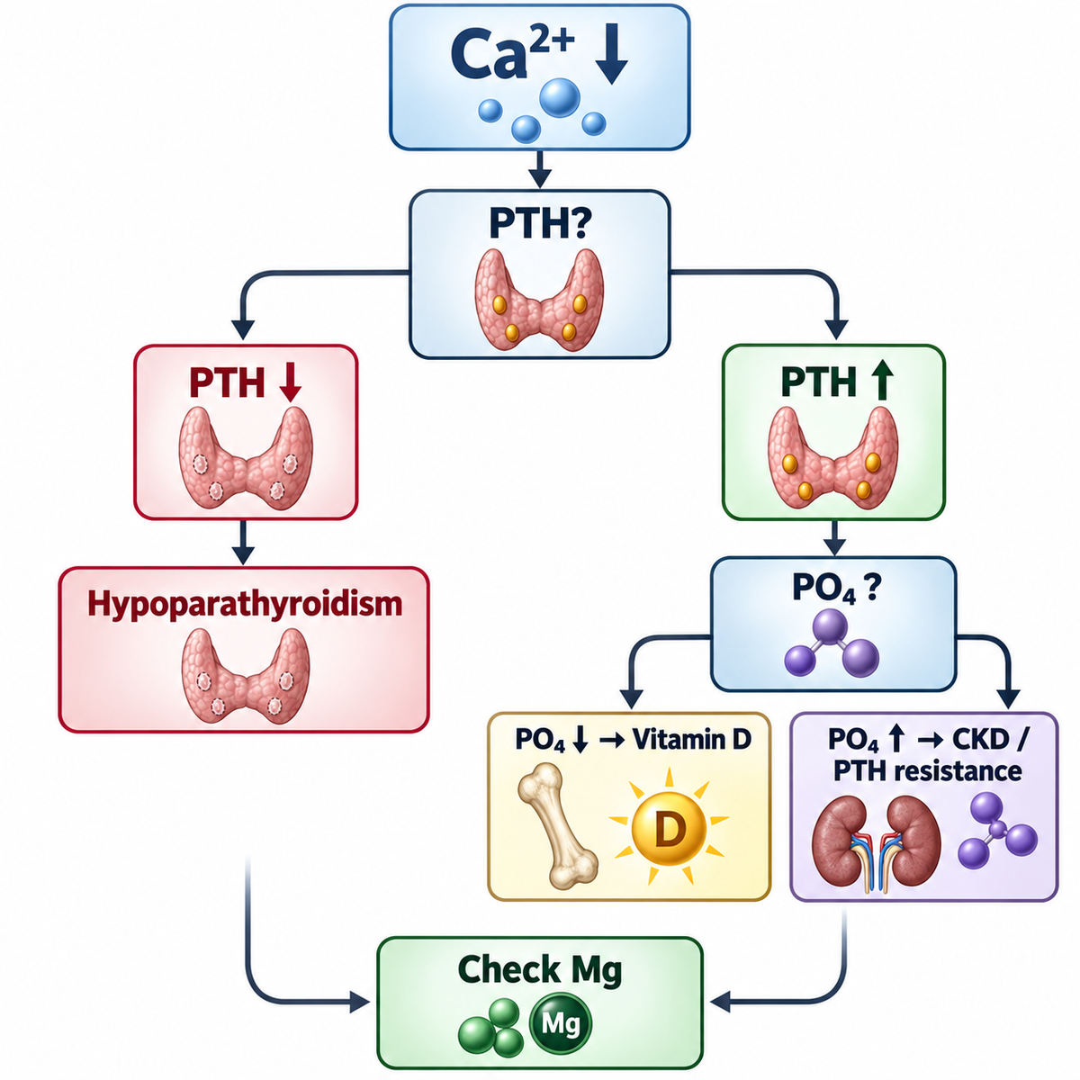 Hypocalcemia diagnostic pathway using PTH and phosphate to distinguish hypoparathyroidism, vitamin D deficiency, CKD and PTH resistance.