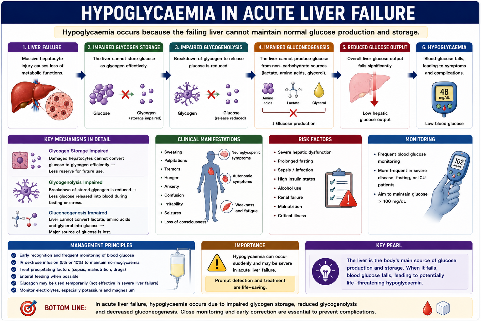 Hypoglycaemia in acute liver failure due to reduced glycogen storage and gluconeogenesis