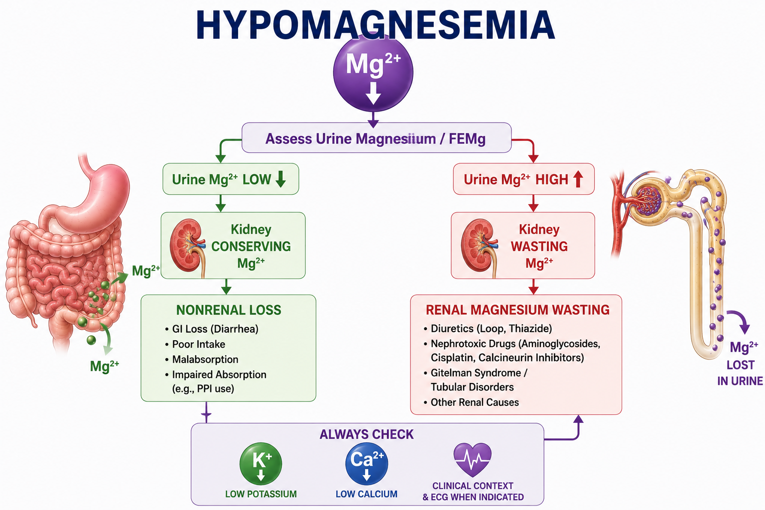 Diagnostic approach to hypomagnesemia using urinary magnesium or FEMg to distinguish nonrenal magnesium loss from renal magnesium wasting.