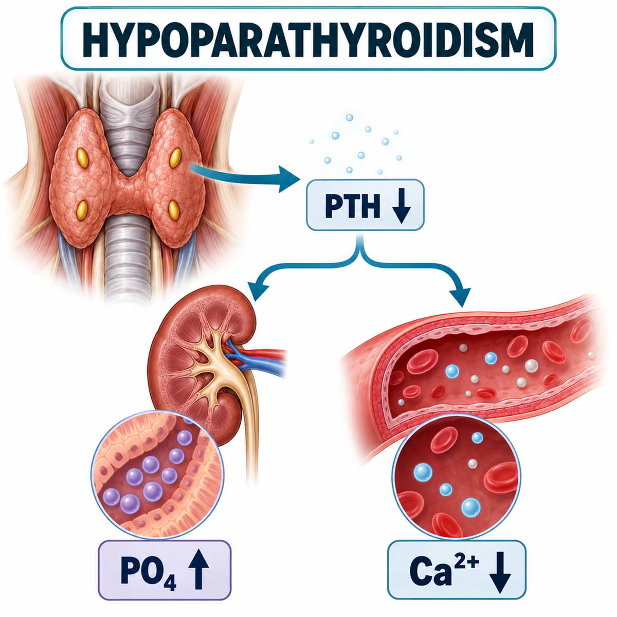 Medical illustration showing low PTH causing hypocalcemia and hyperphosphatemia in hypoparathyroidism.