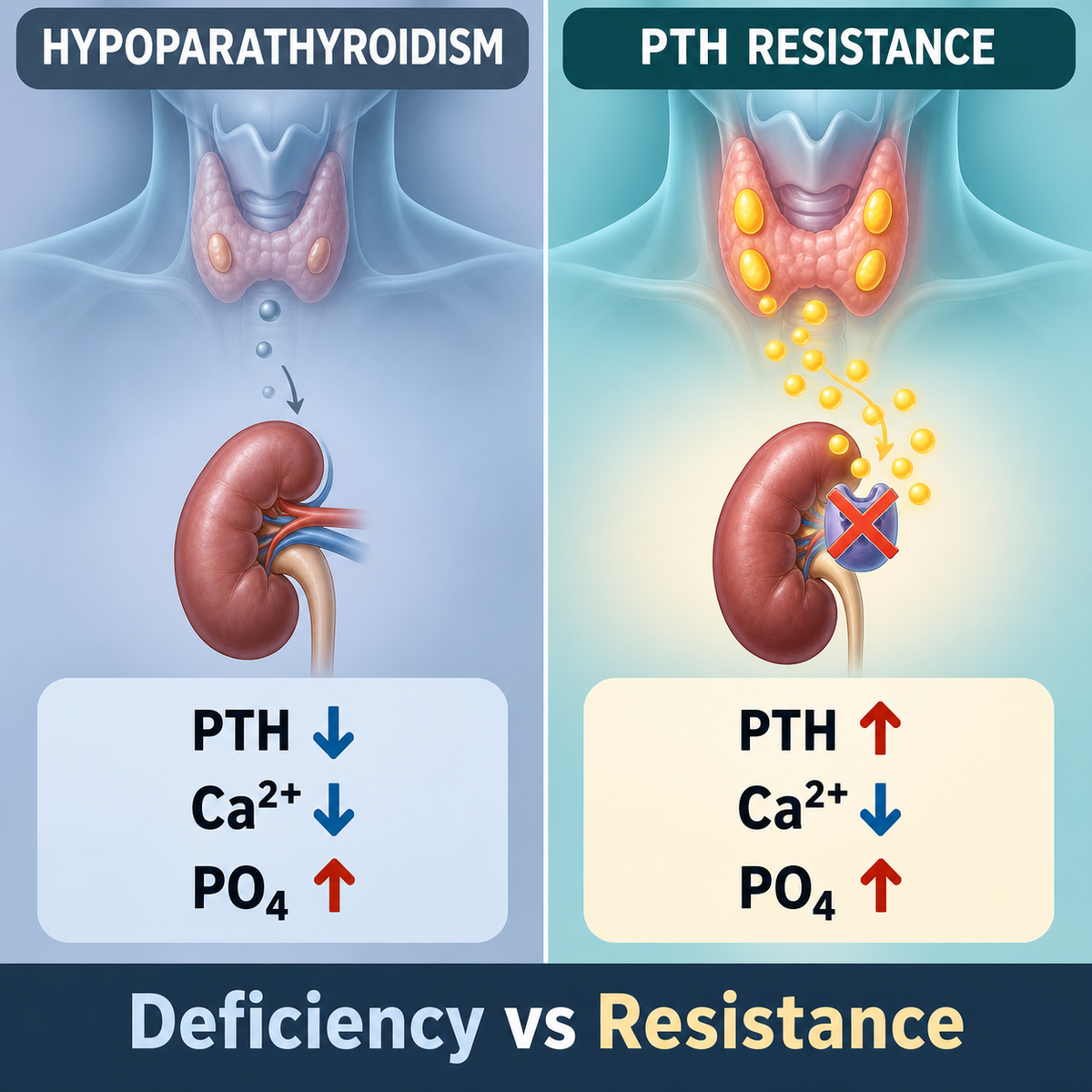 Comparison of hypoparathyroidism with low PTH and pseudohypoparathyroidism with high PTH despite low calcium and high phosphate.
