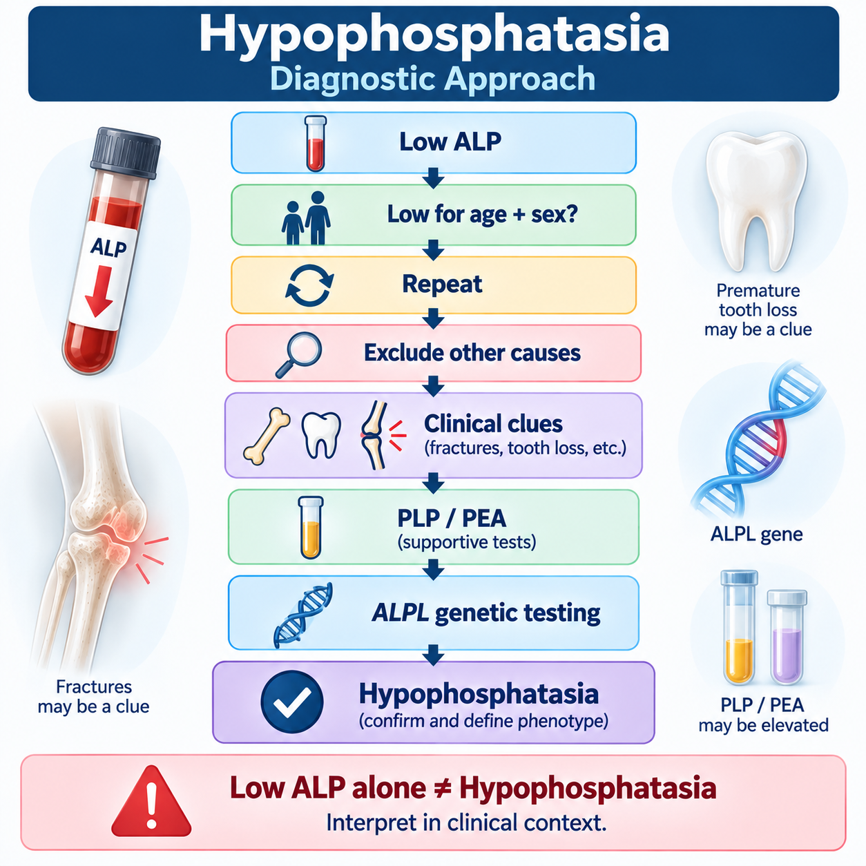 Diagnostic approach to hypophosphatasia using persistent low ALP clinical features PLP PEA and ALPL genetic testing.