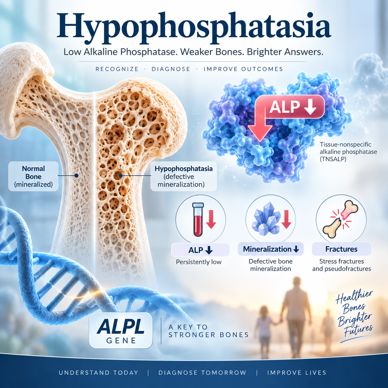 Hypophosphatasia showing low alkaline phosphatase ALPL-related defective bone mineralization and fractures.