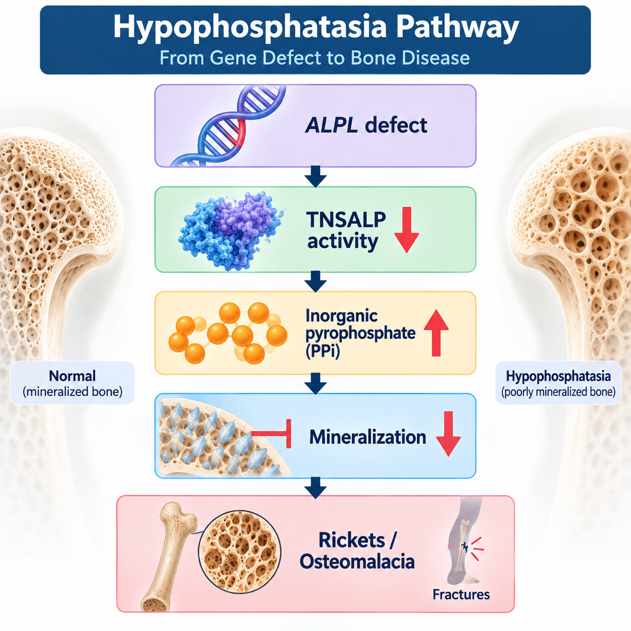Hypophosphatasia pathway from ALPL defect and low TNSALP to pyrophosphate accumulation and defective mineralization.