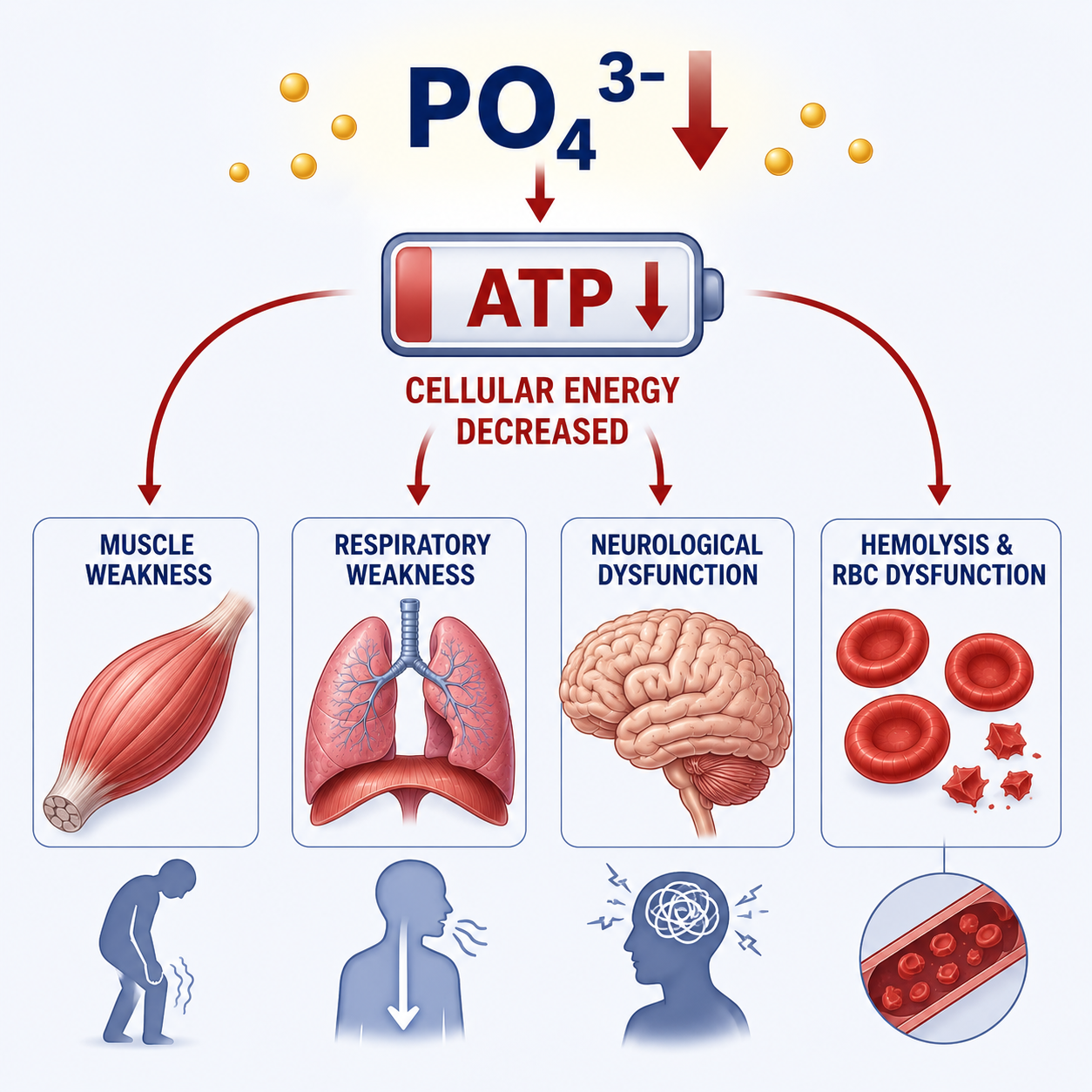 Illustration showing low phosphate reducing ATP availability and impairing muscle, respiratory, neurological and red blood cell function.