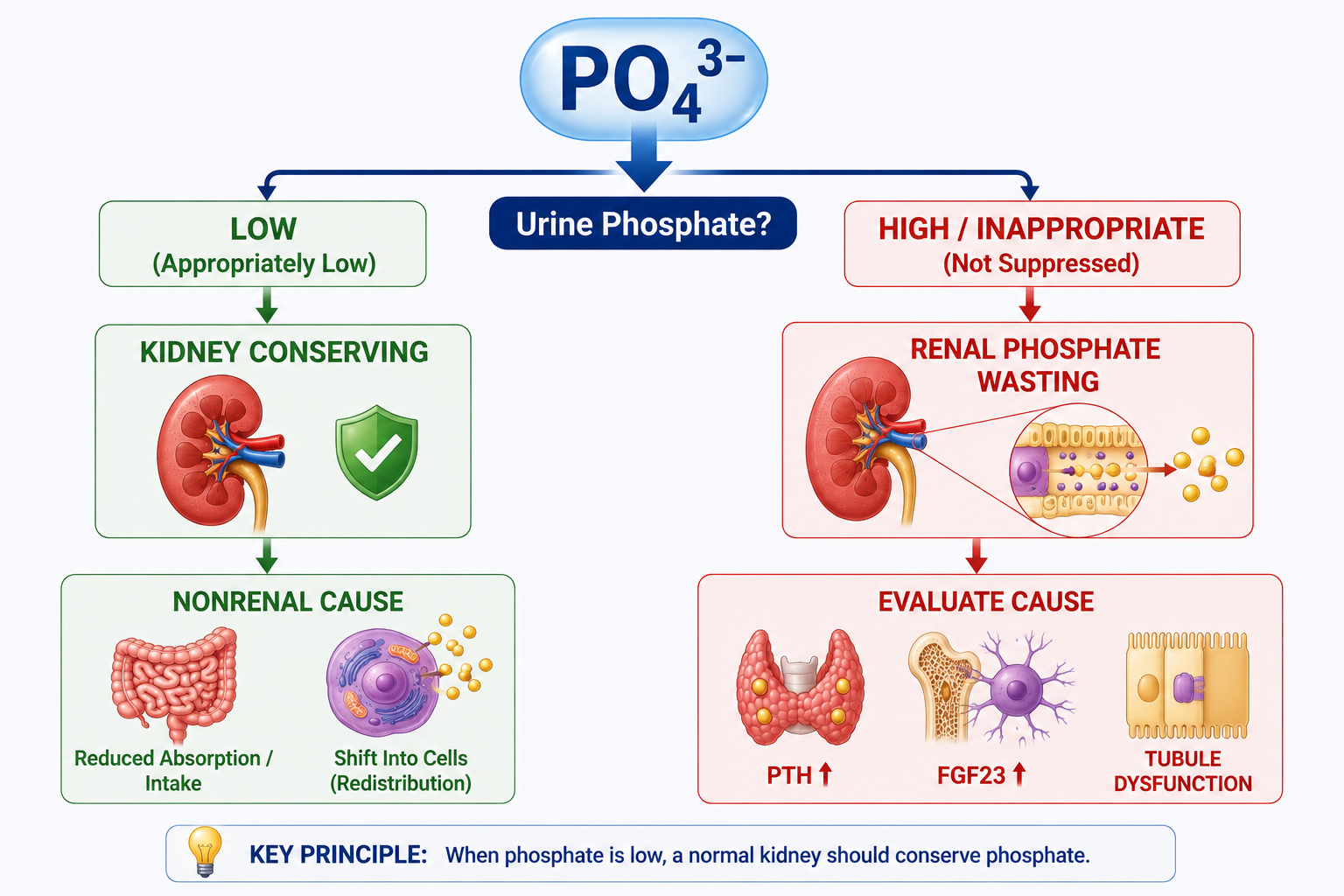 Diagnostic approach to hypophosphatemia using urinary phosphate to distinguish appropriate renal conservation from renal phosphate wasting.