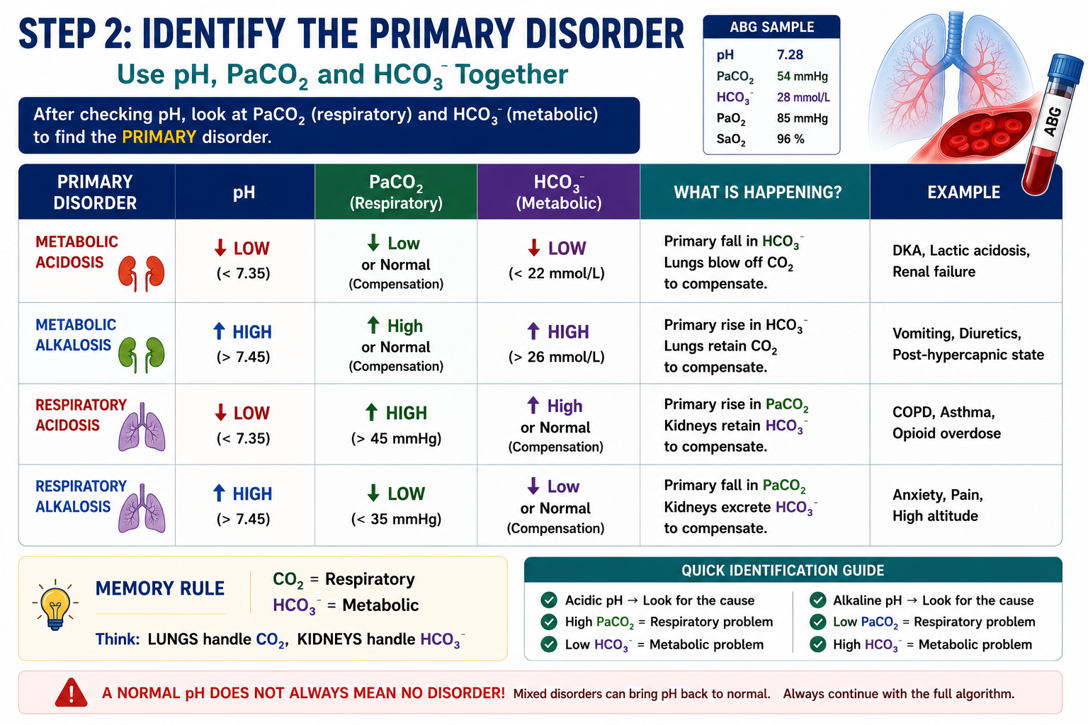 Identifying primary acid base disorder using pH PaCO2 and bicarbonate