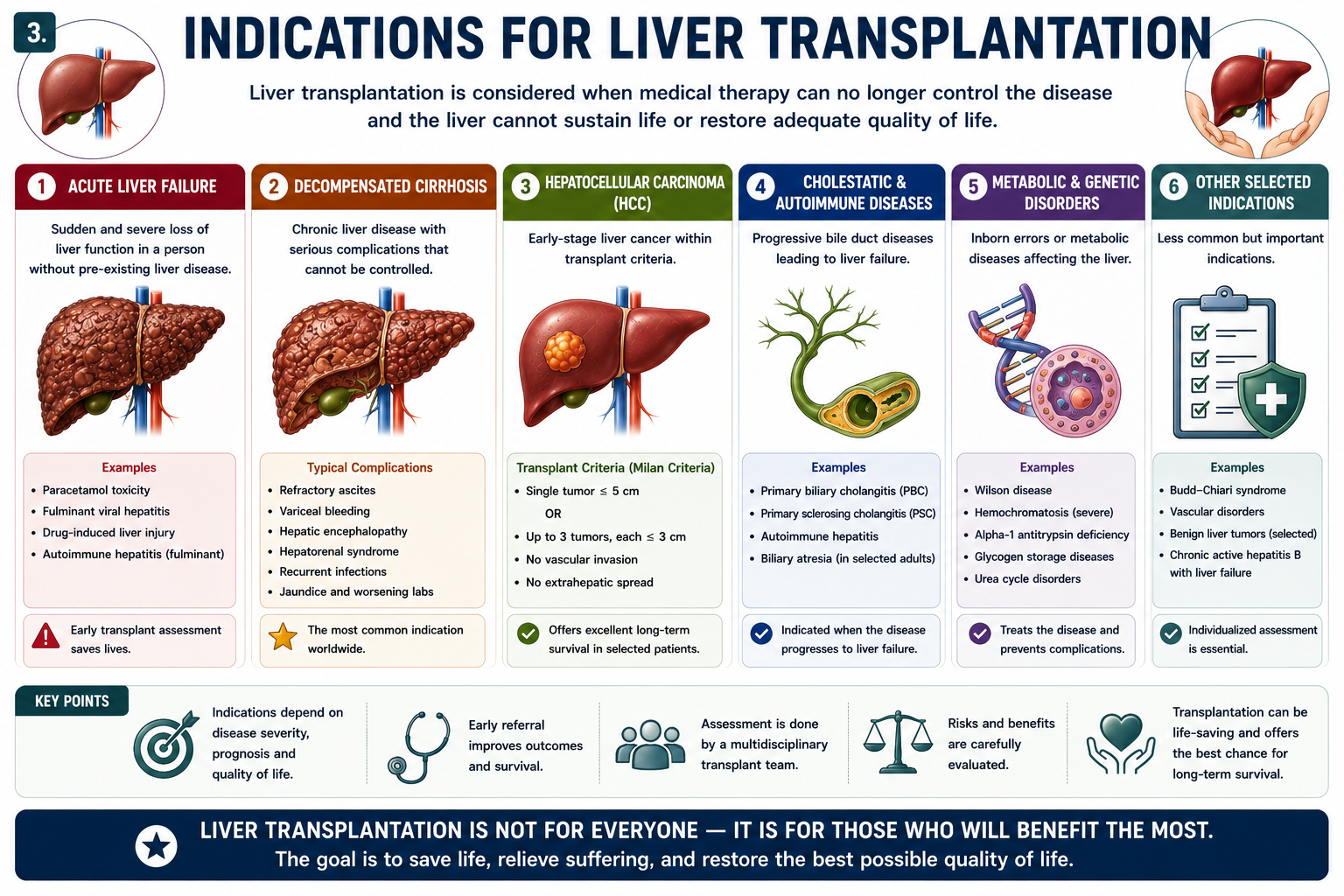 Major indications for liver transplantation including acute liver failure decompensated cirrhosis HCC cholestatic disease and metabolic disease