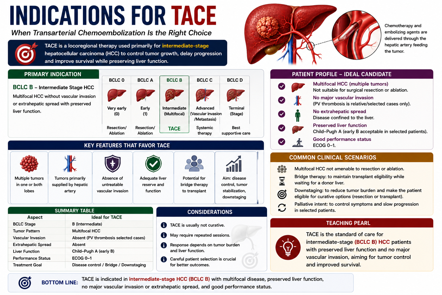 Indications for TACE showing intermediate stage multifocal HCC preserved liver function no extrahepatic spread and no severe liver failure