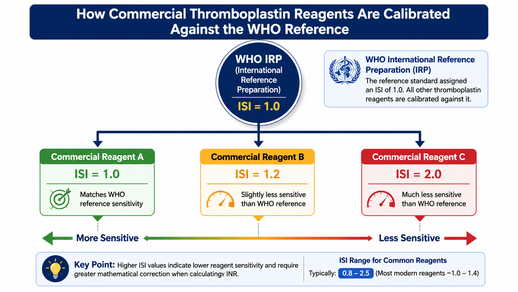 WHO reference thromboplastin calibration diagram showing commercial reagents with ISI values 1.0 1.2 and 2.0