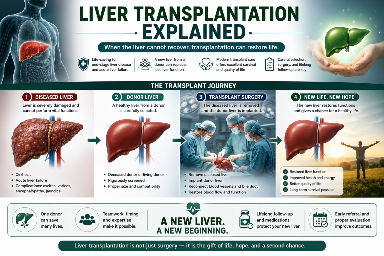 Liver transplantation overview showing irreversible liver failure donor liver surgery immunosuppression and long-term survival