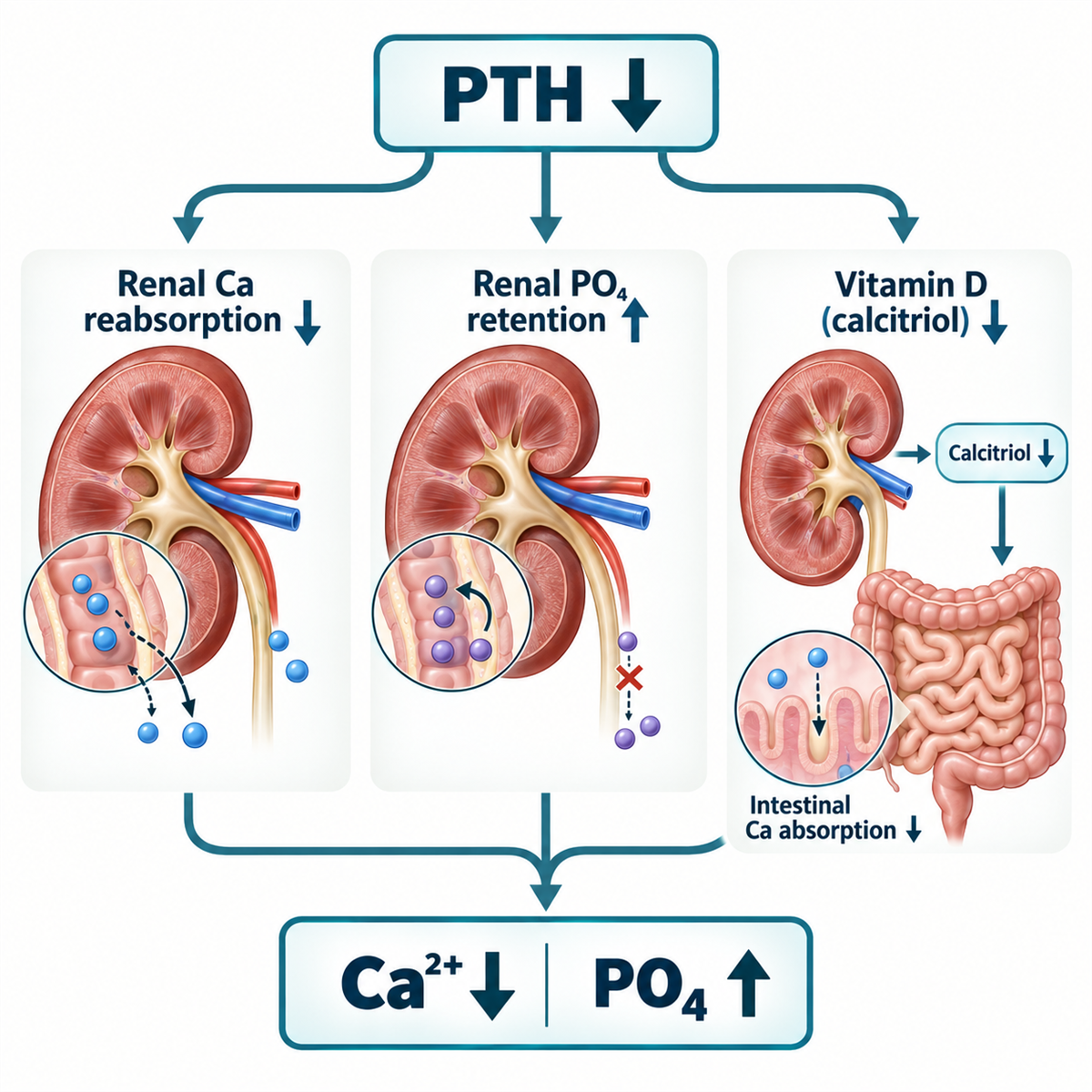 Diagram showing reduced PTH causing decreased renal calcium reabsorption, reduced calcitriol production and phosphate retention.