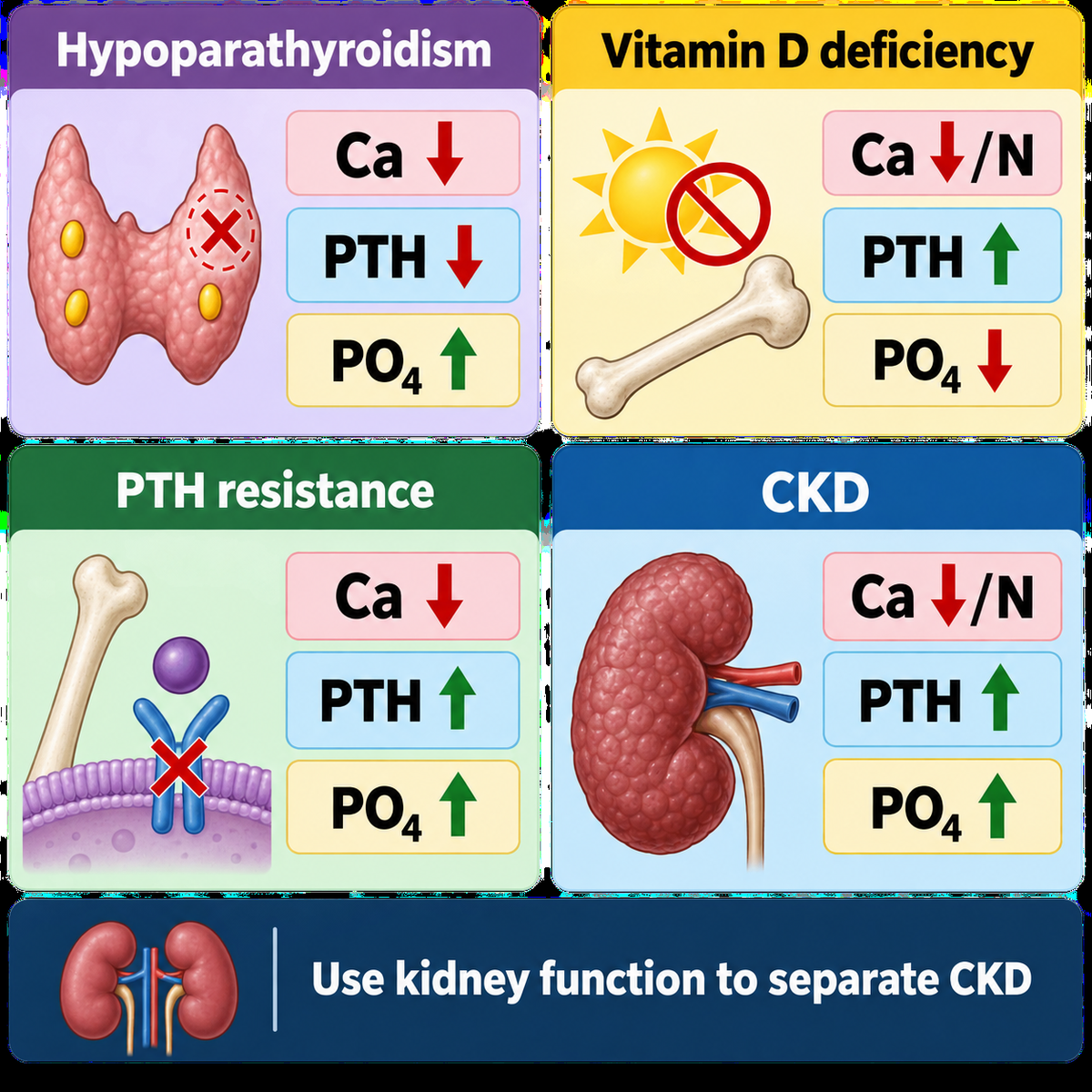 Comparison of calcium, PTH and phosphate patterns in hypoparathyroidism, vitamin D deficiency, PTH resistance and CKD.