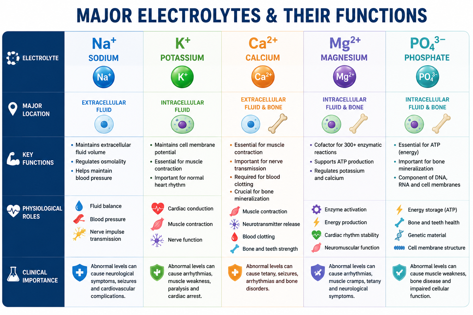 Summary of the major functions of sodium potassium calcium magnesium and phosphate