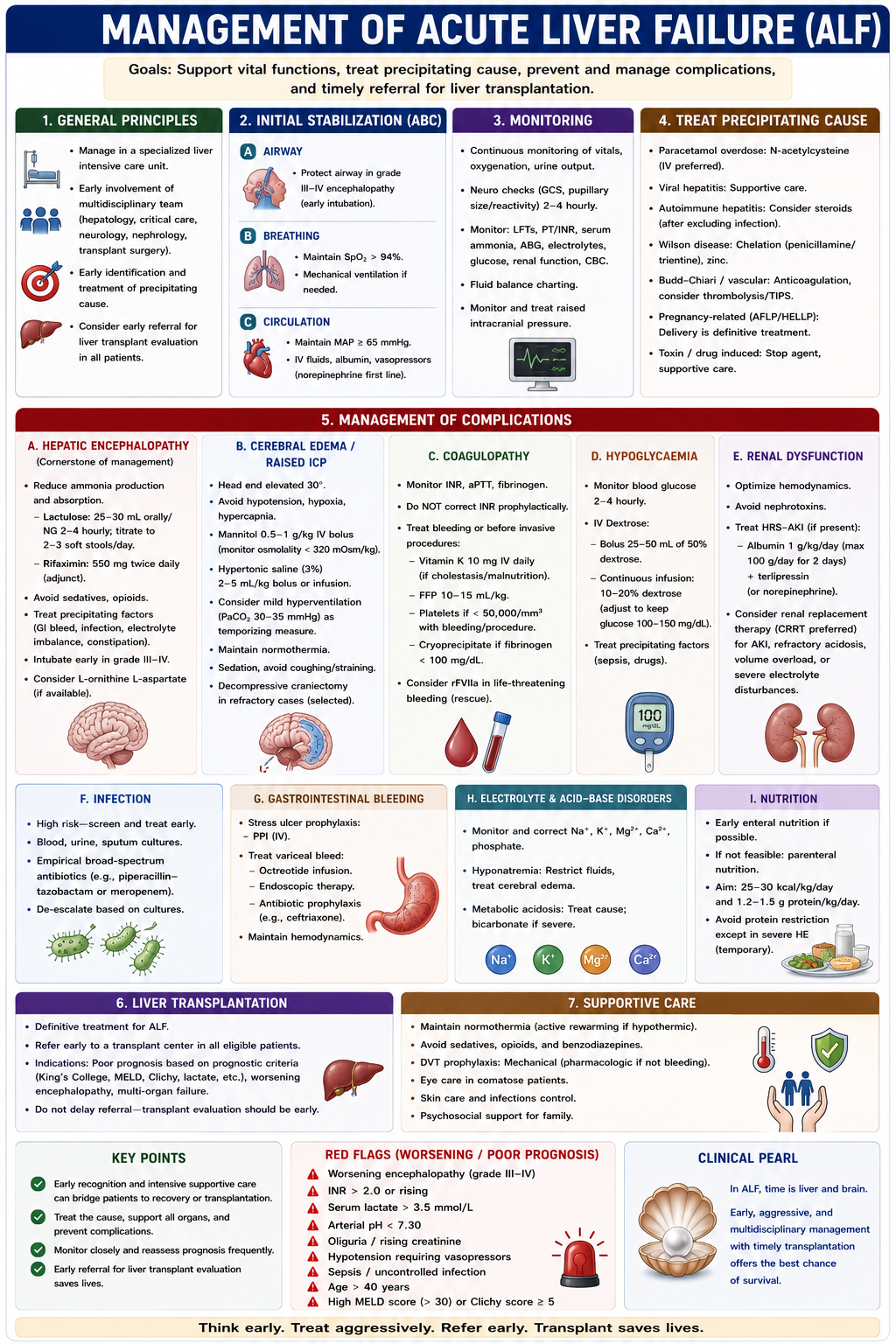Management of acute liver failure including ICU care cause-specific treatment complication monitoring cerebral edema prevention and transplant assessment