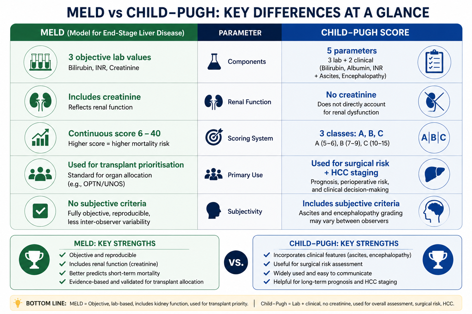 Comparison of MELD and Child-Pugh scores showing strengths and weaknesses of each system