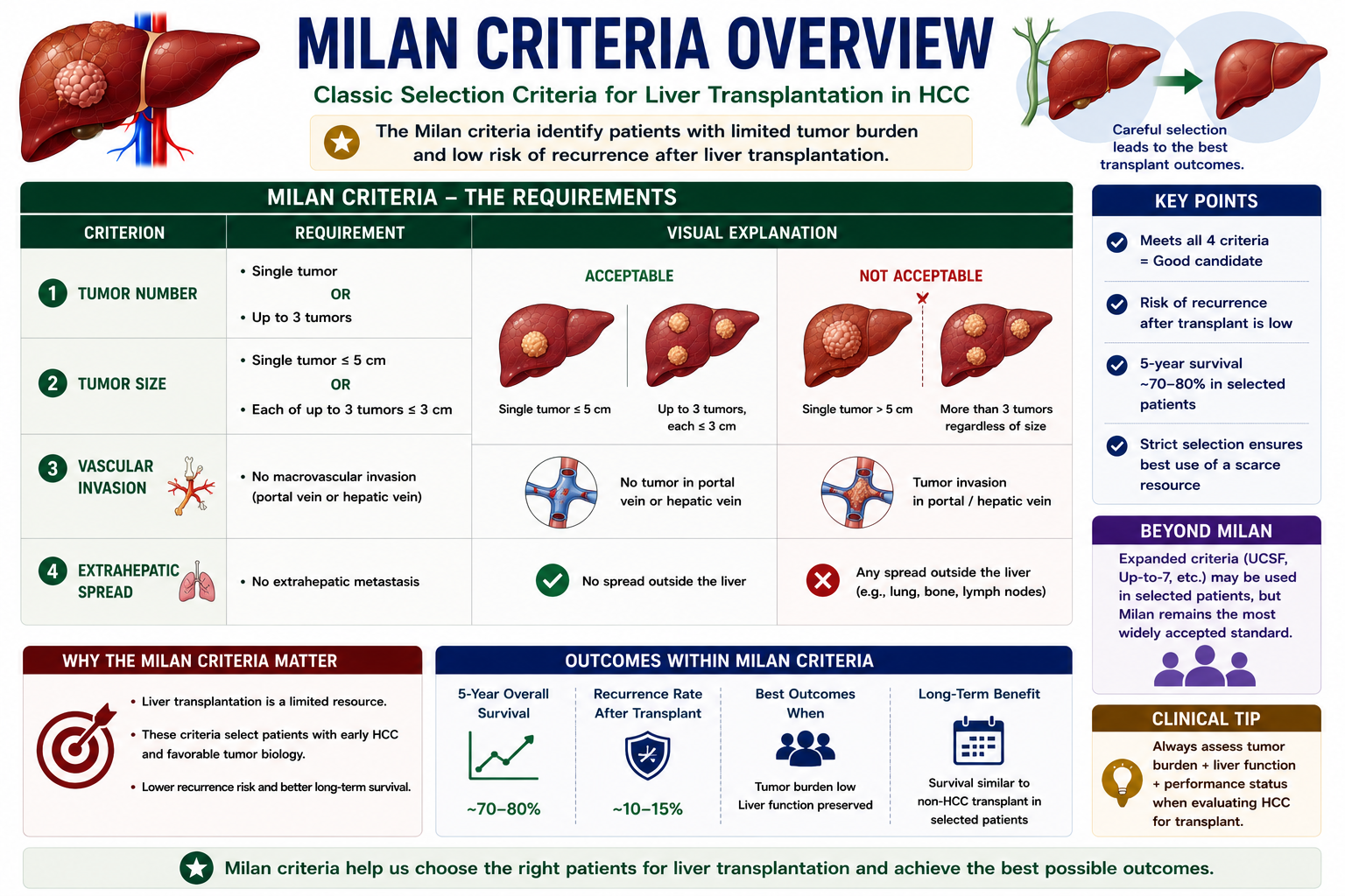 Milan criteria overview for HCC liver transplantation showing single tumor less than or equal to five centimeters or up to three tumors each less than or equal to three centimeters no vascular invasion and no extrahepatic spread