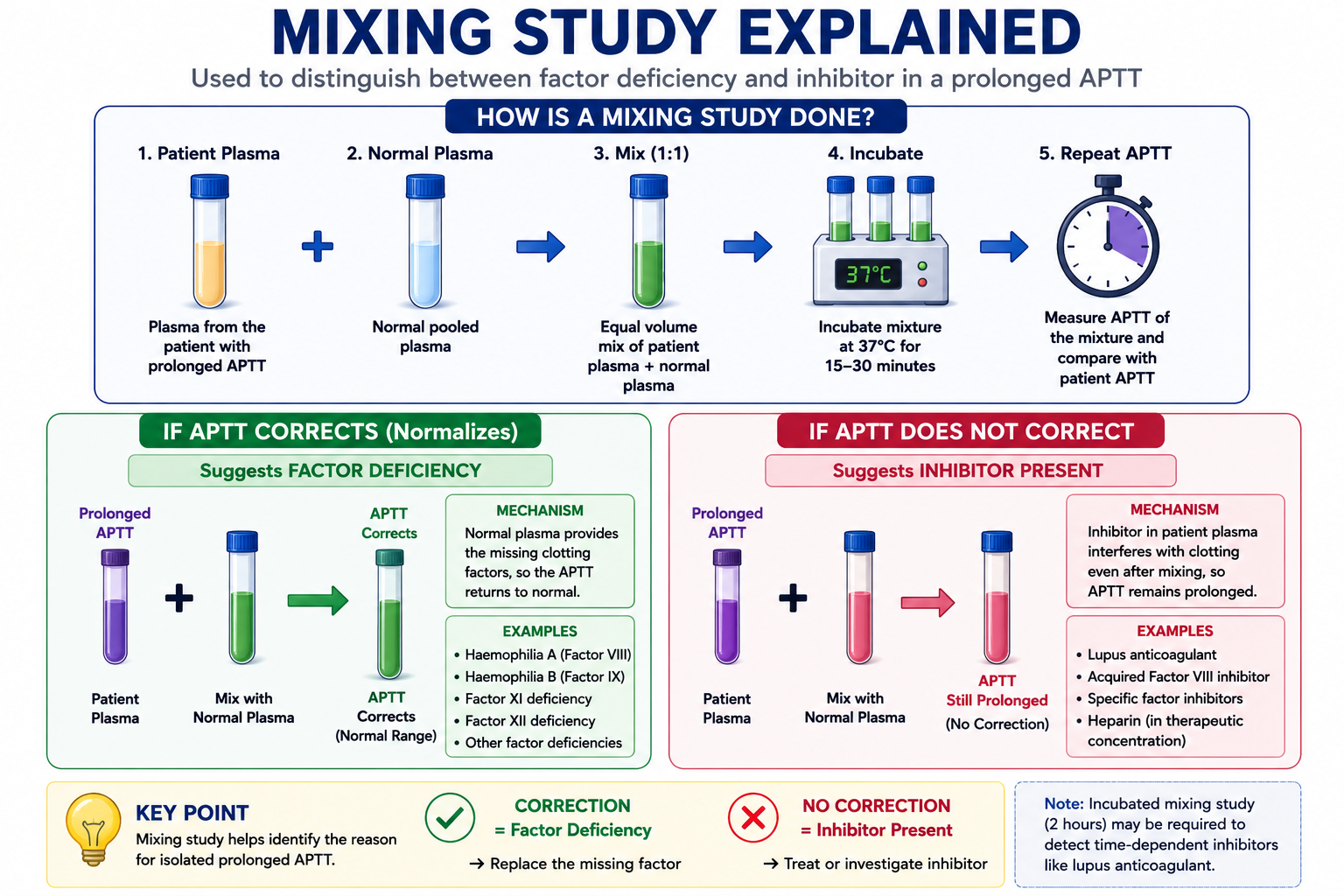 Mixing study interpretation diagram showing correction indicating factor deficiency and failure to correct indicating inhibitor