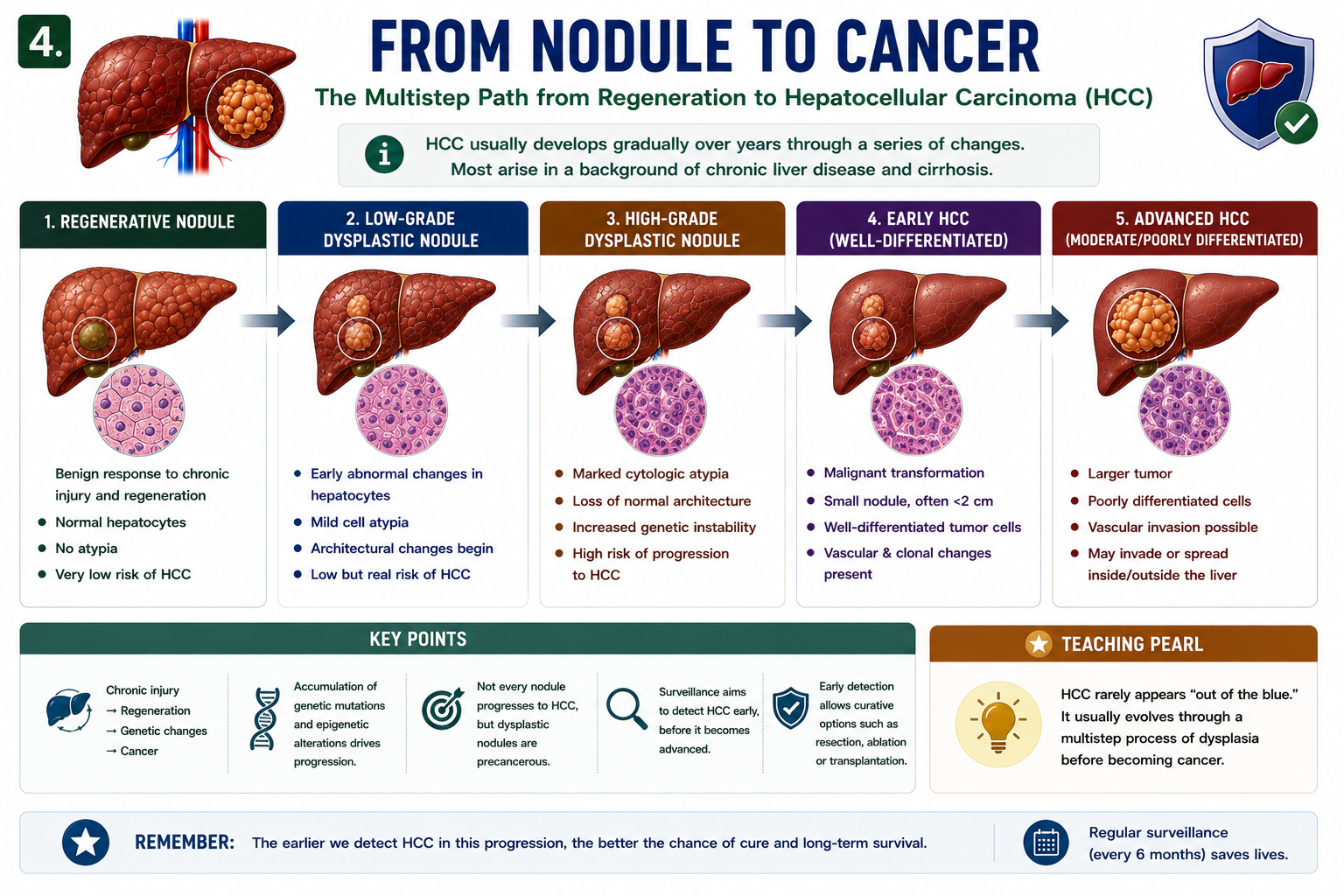 Progression from regenerative nodule to dysplastic nodule early HCC and advanced HCC in cirrhosis