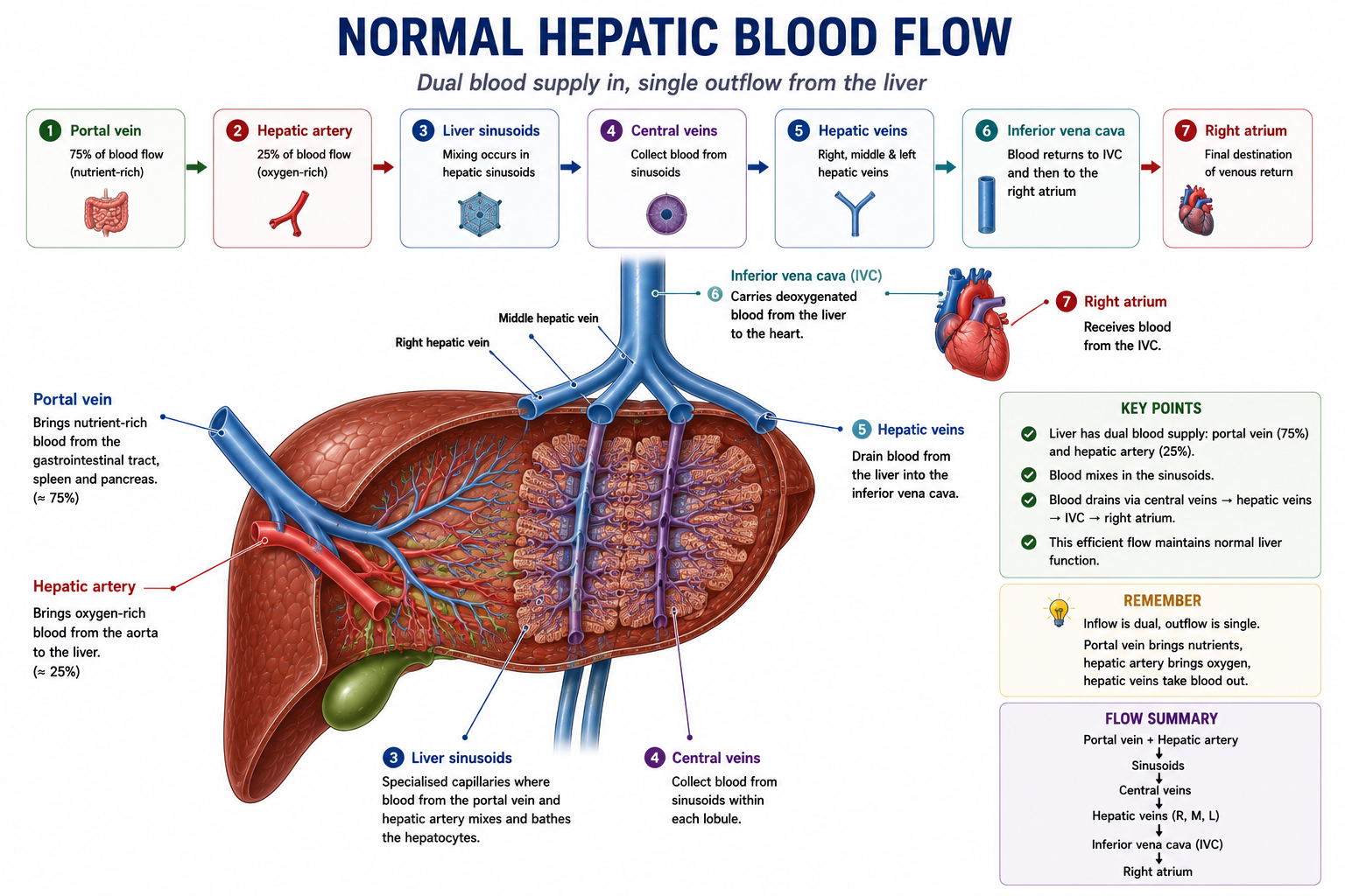 Normal hepatic blood flow from portal vein and hepatic artery through sinusoids central veins hepatic veins inferior vena cava and right atrium