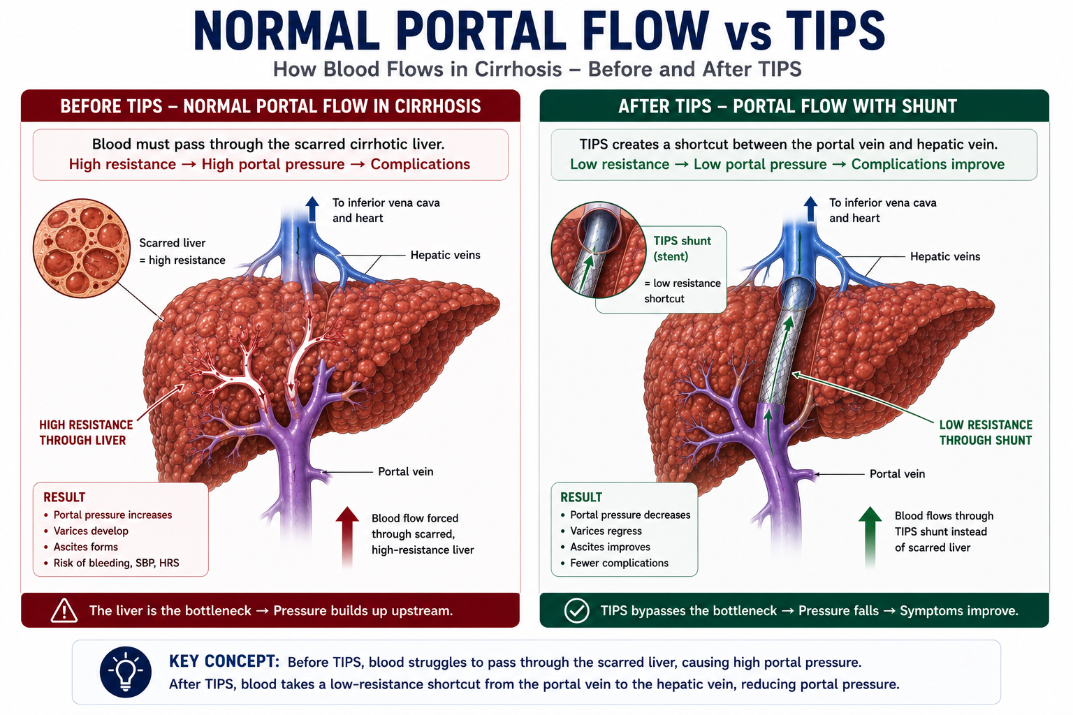 Side-by-side diagram comparing normal cirrhotic portal blood flow forced through scarred liver tissue against portal blood flow after TIPS which bypasses the liver via an intrahepatic stent channel