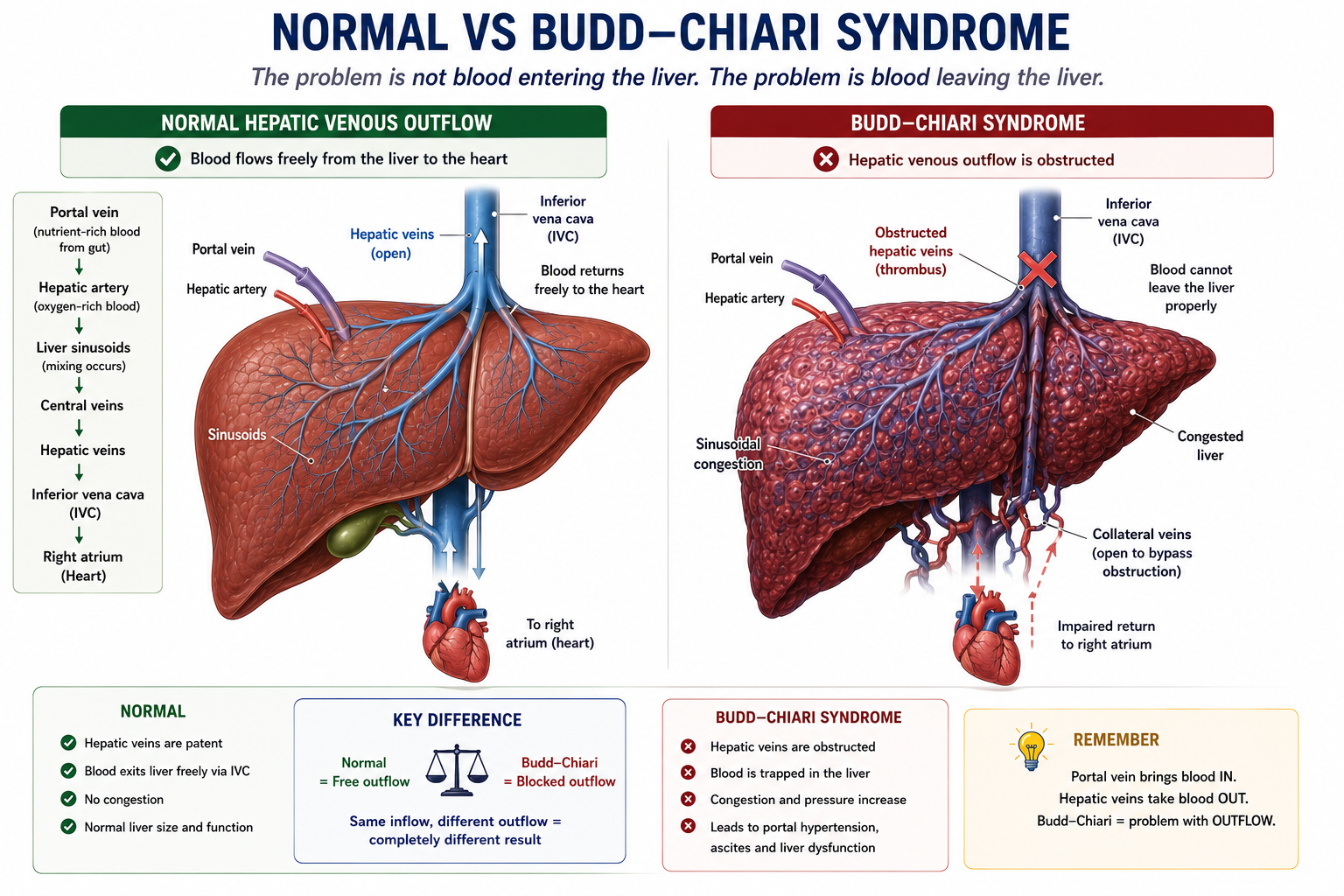 Normal hepatic venous outflow compared with Budd-Chiari syndrome hepatic vein obstruction