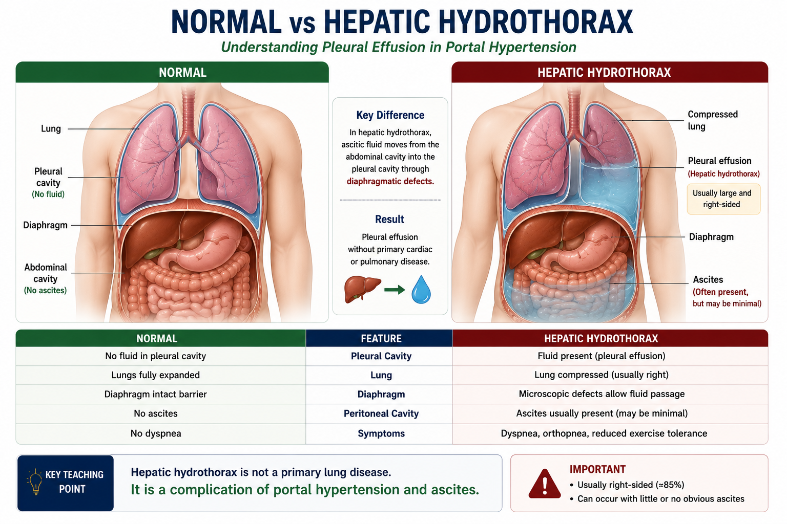 Comparison diagram showing normal pleural cavity versus hepatic hydrothorax with fluid accumulating in the right pleural space originating from ascites crossing through diaphragmatic defects